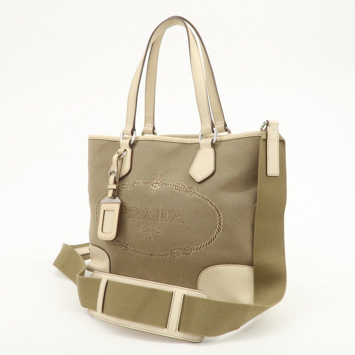 PRADA Logo Jacquard Leather 2Way Shoulder Bag Tote Bag Beige BR3414
