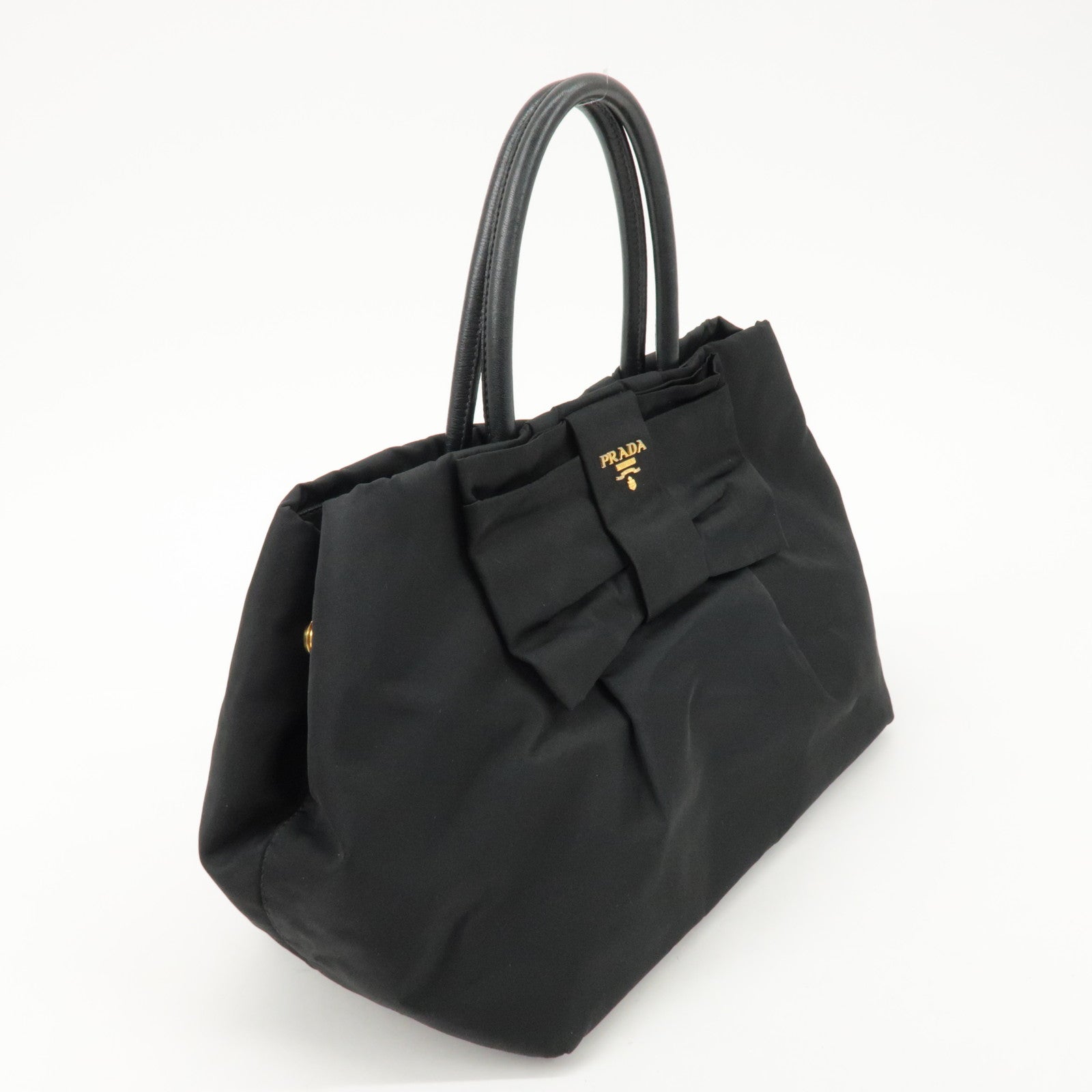 PRADA Nylon Leather Ribbon Hand Bag Tote Bag Black BN1601