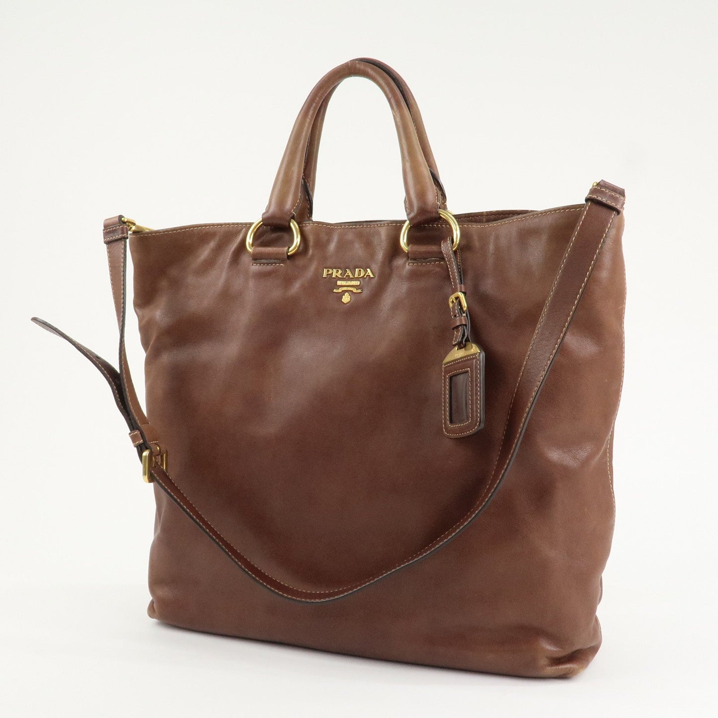 PRADA Logo Leather 2way Shoulder Bag Tote Bag Gold HDW Brown