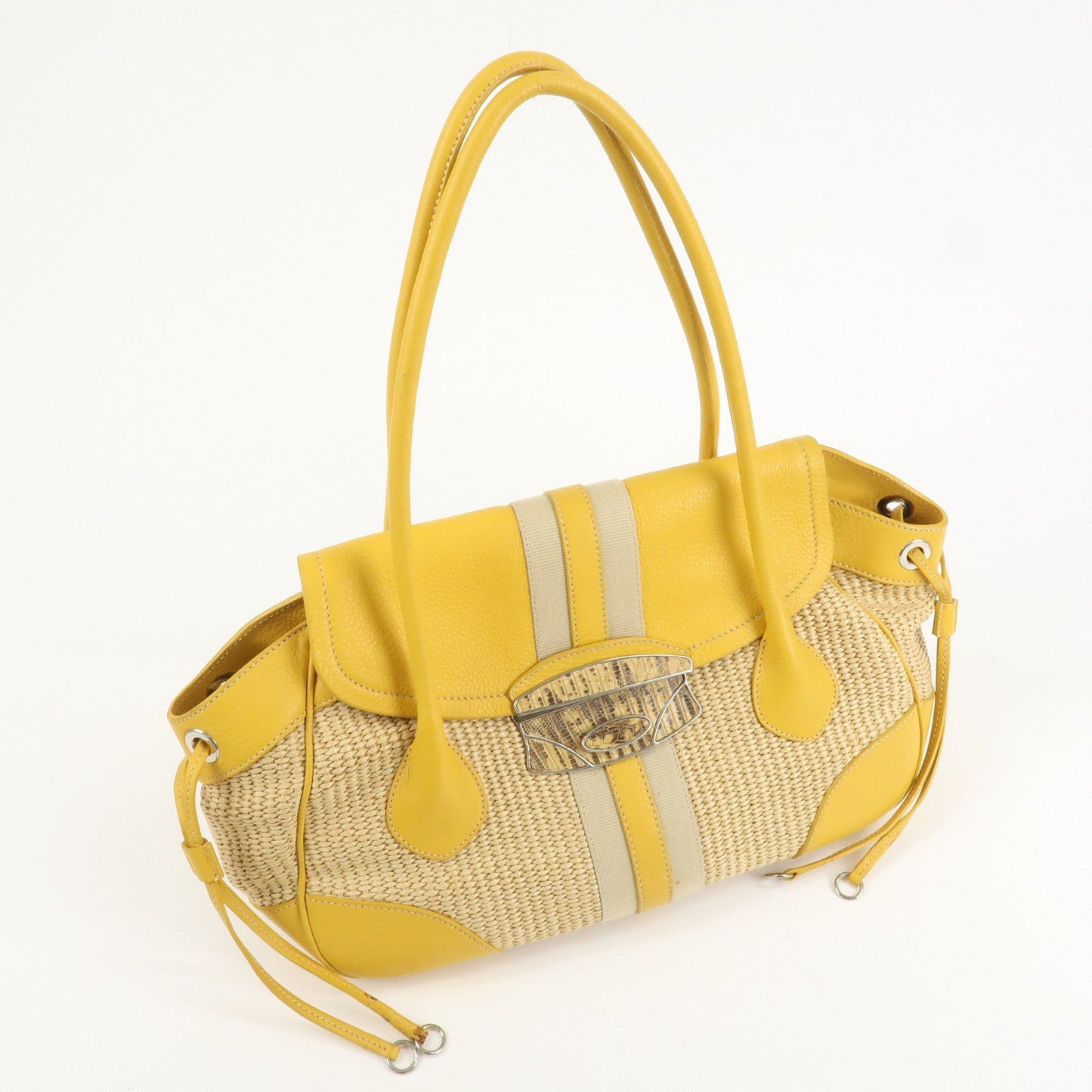 PRADA Triangle Logo Leather Raffia Tote Bag Beige Yellow