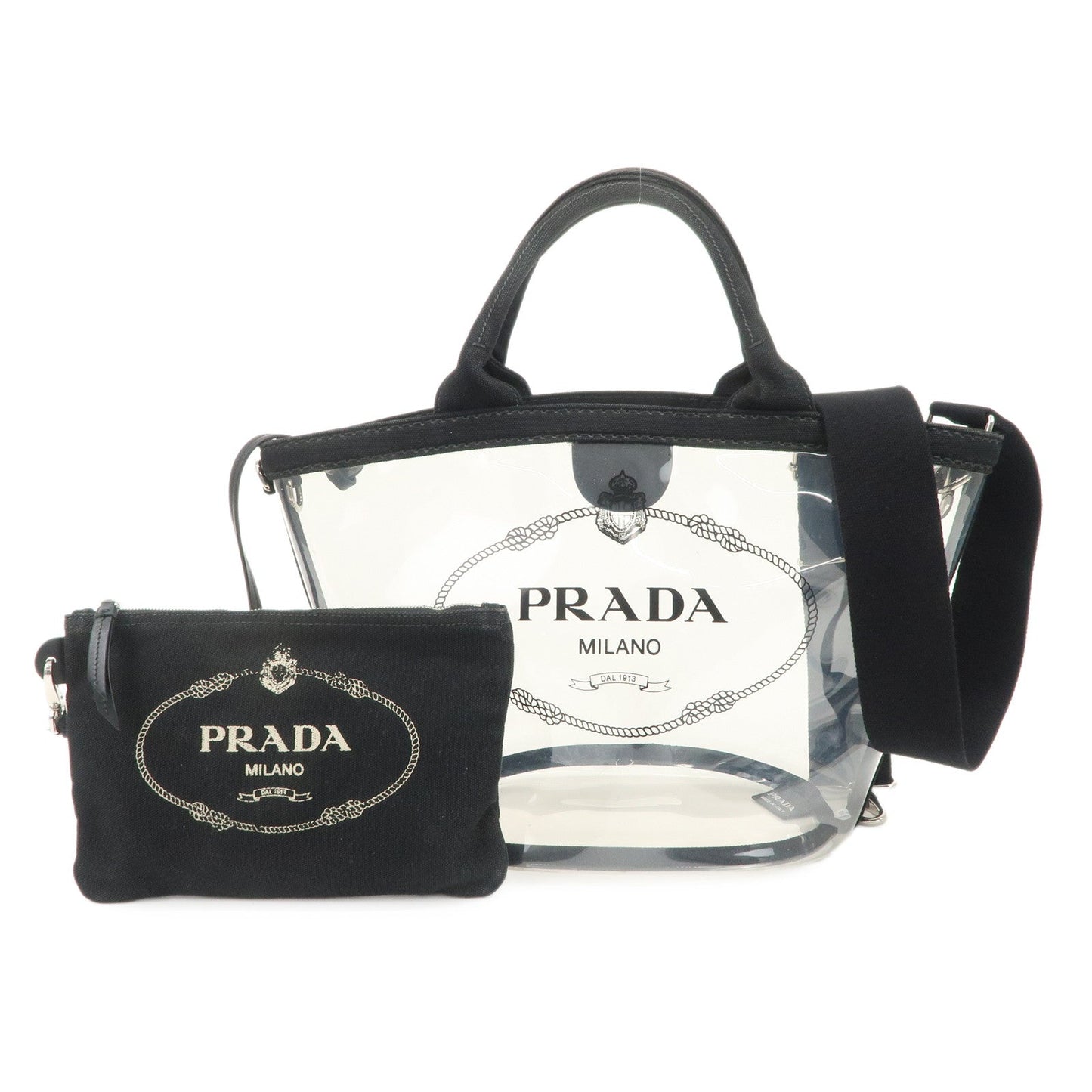 PRADA Canvas Vinyl Leather 2Way Hand Bag Clear Black 1BG187