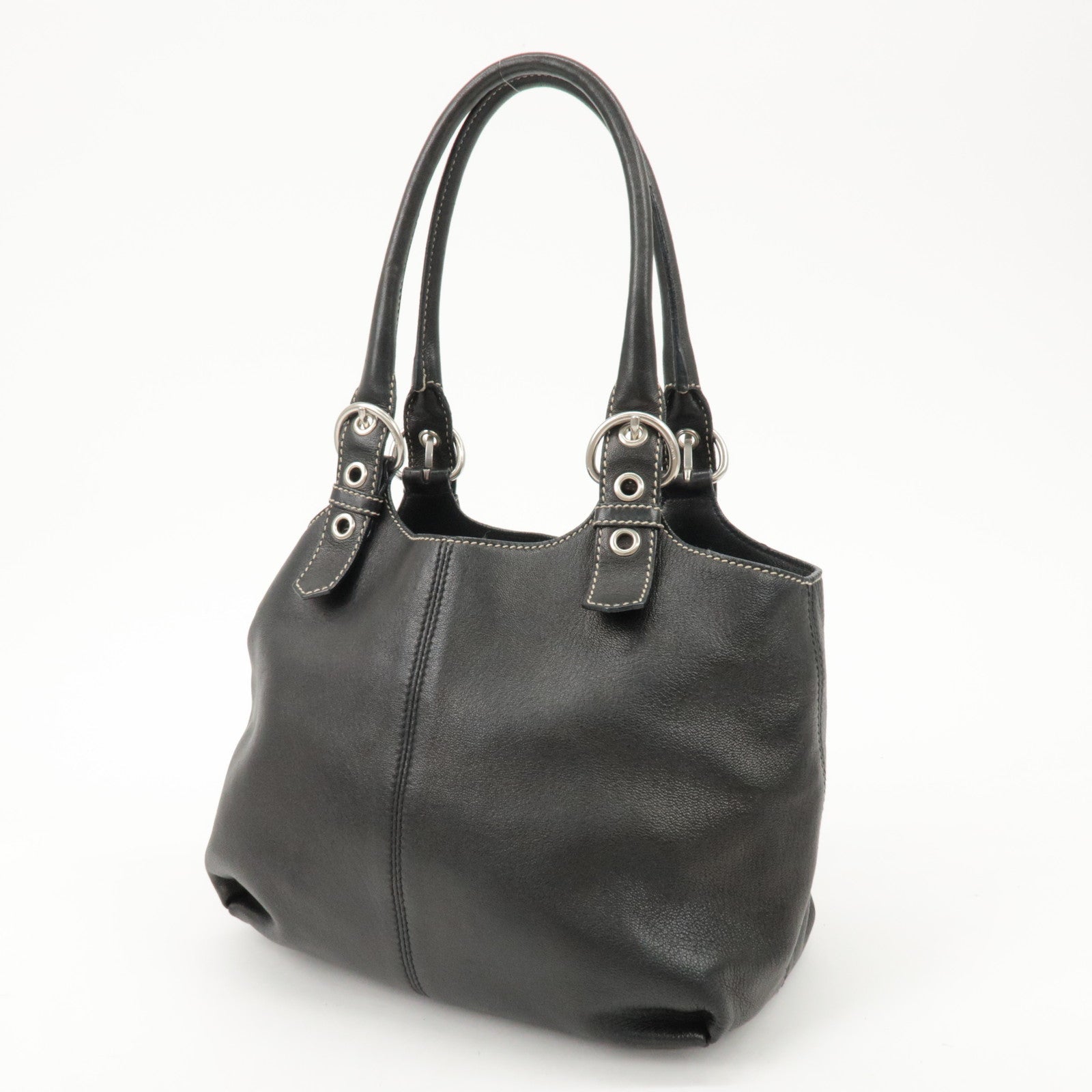 PRADA Triangle Logo Leather Tote Bag Hand Bag Black