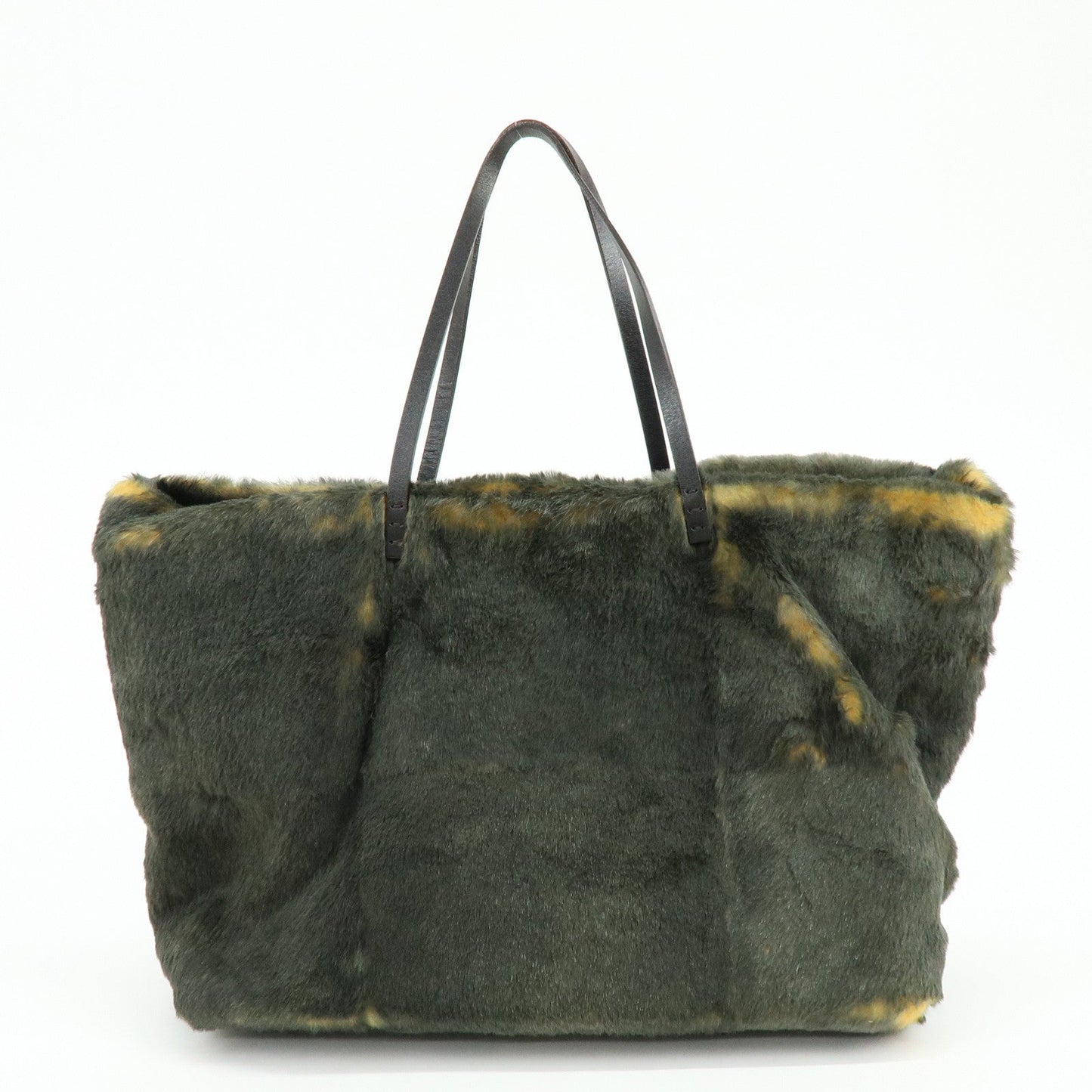 FENDI Fur Leather Tote Bag Hand Bag Brown Yellow 8BH005