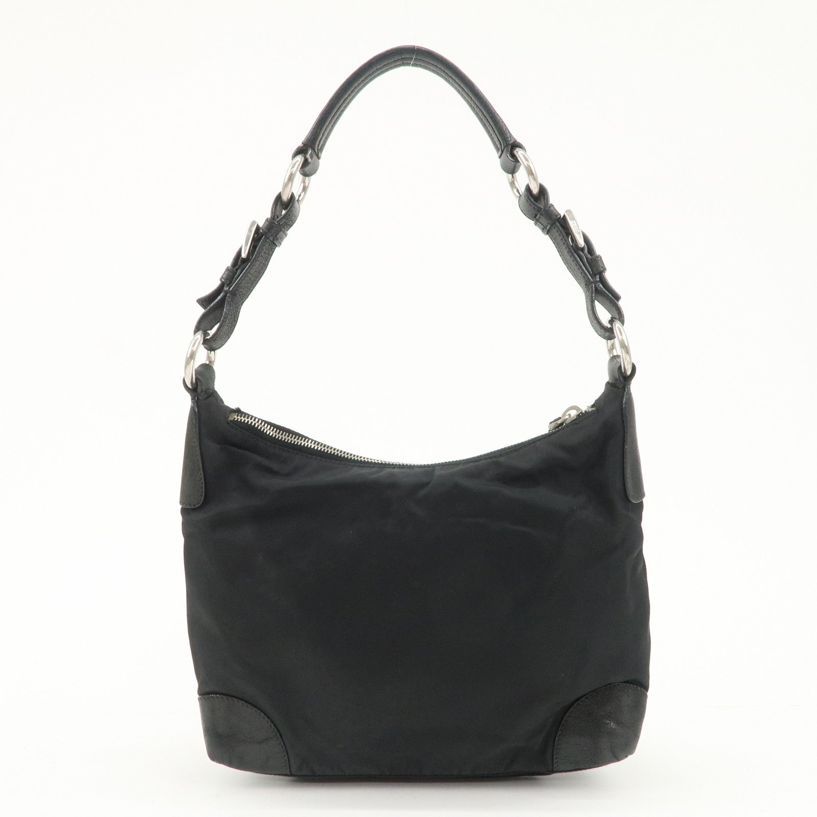 PRADA Triangle Logo Leather Nylon Shoulder Bag Hand Bag Black