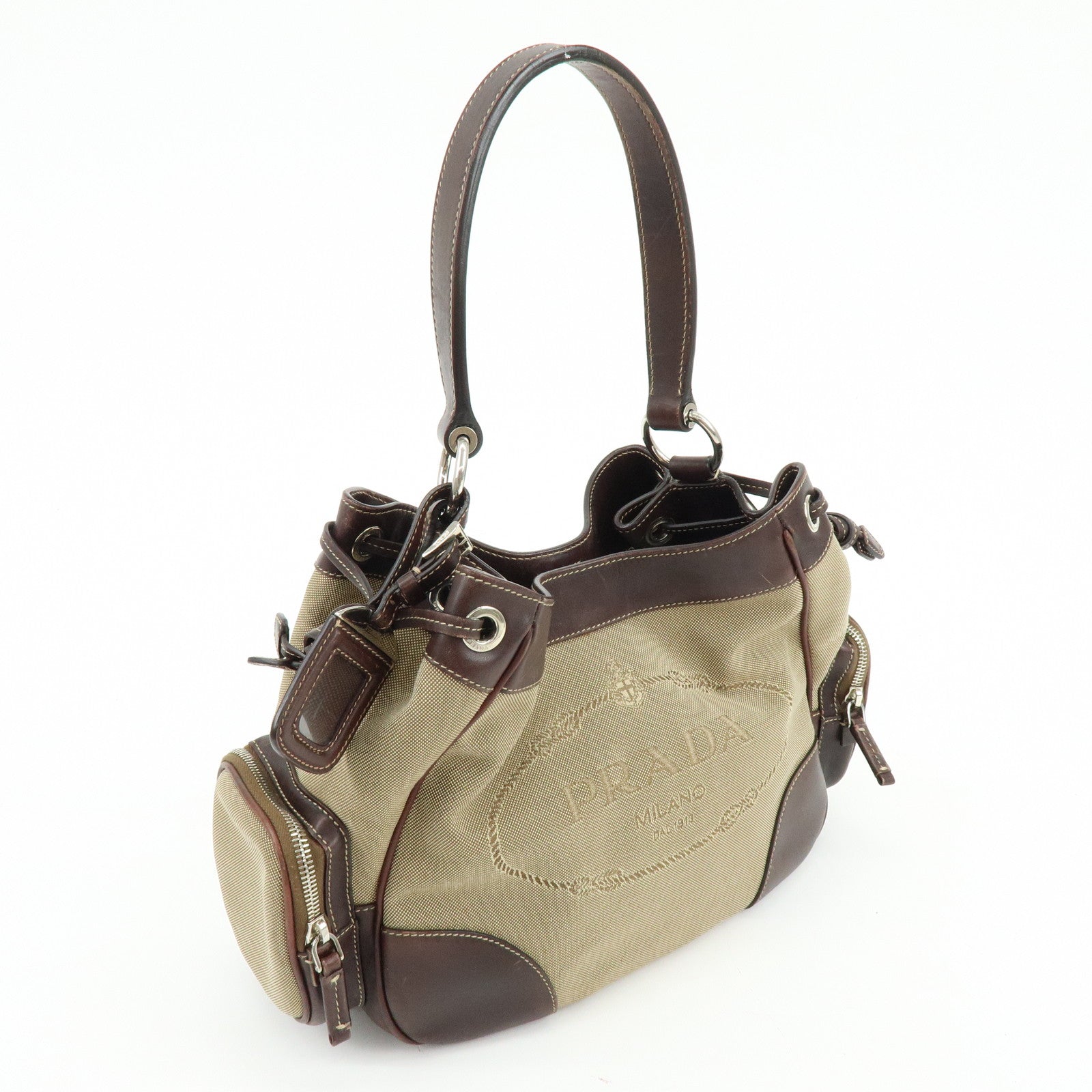 PRADA Logo Jacquard Canvas Embossed Leather Shoulder Bag BR3433