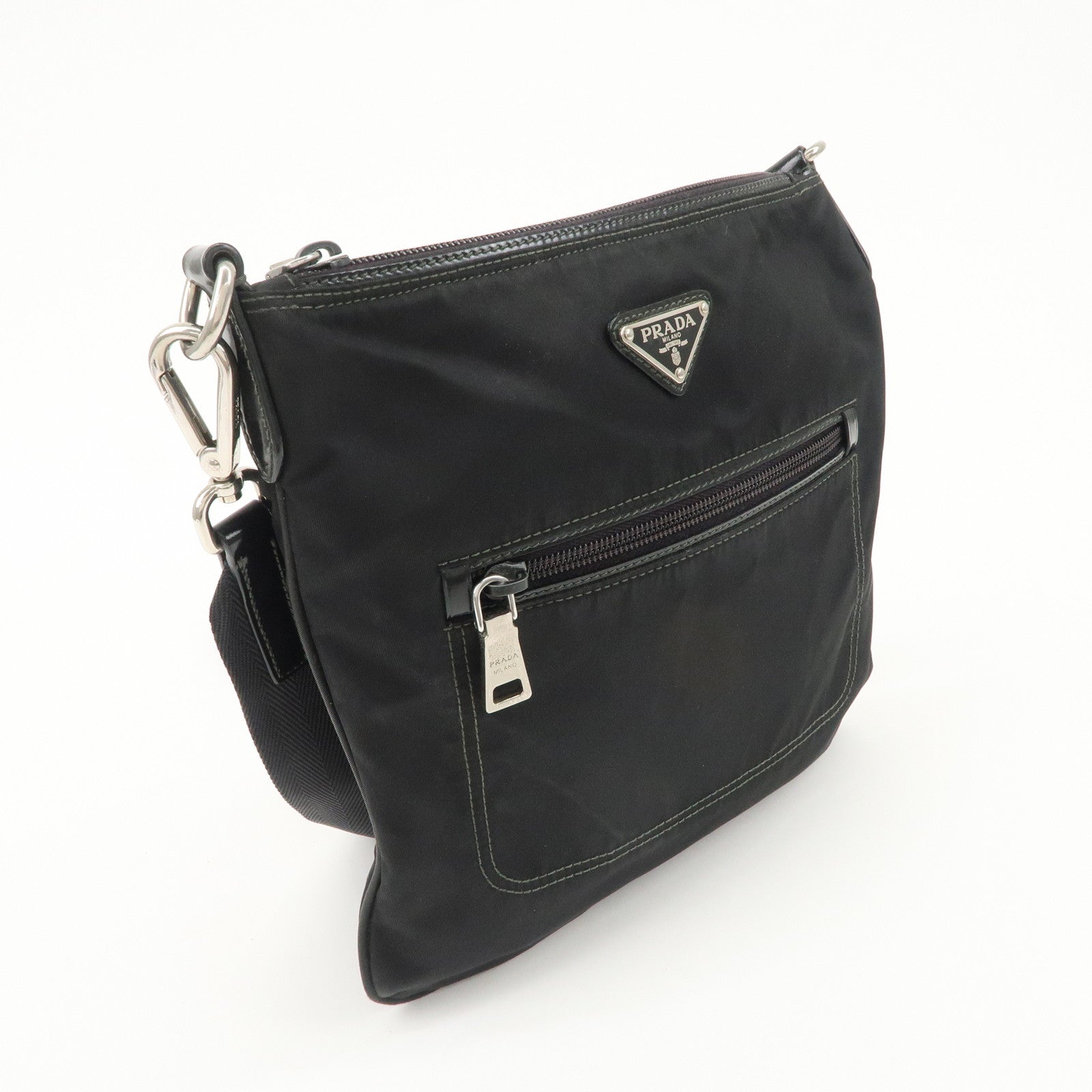 PRADA Triangle Logo Nylon Patent Leather Shoulder Bag Black