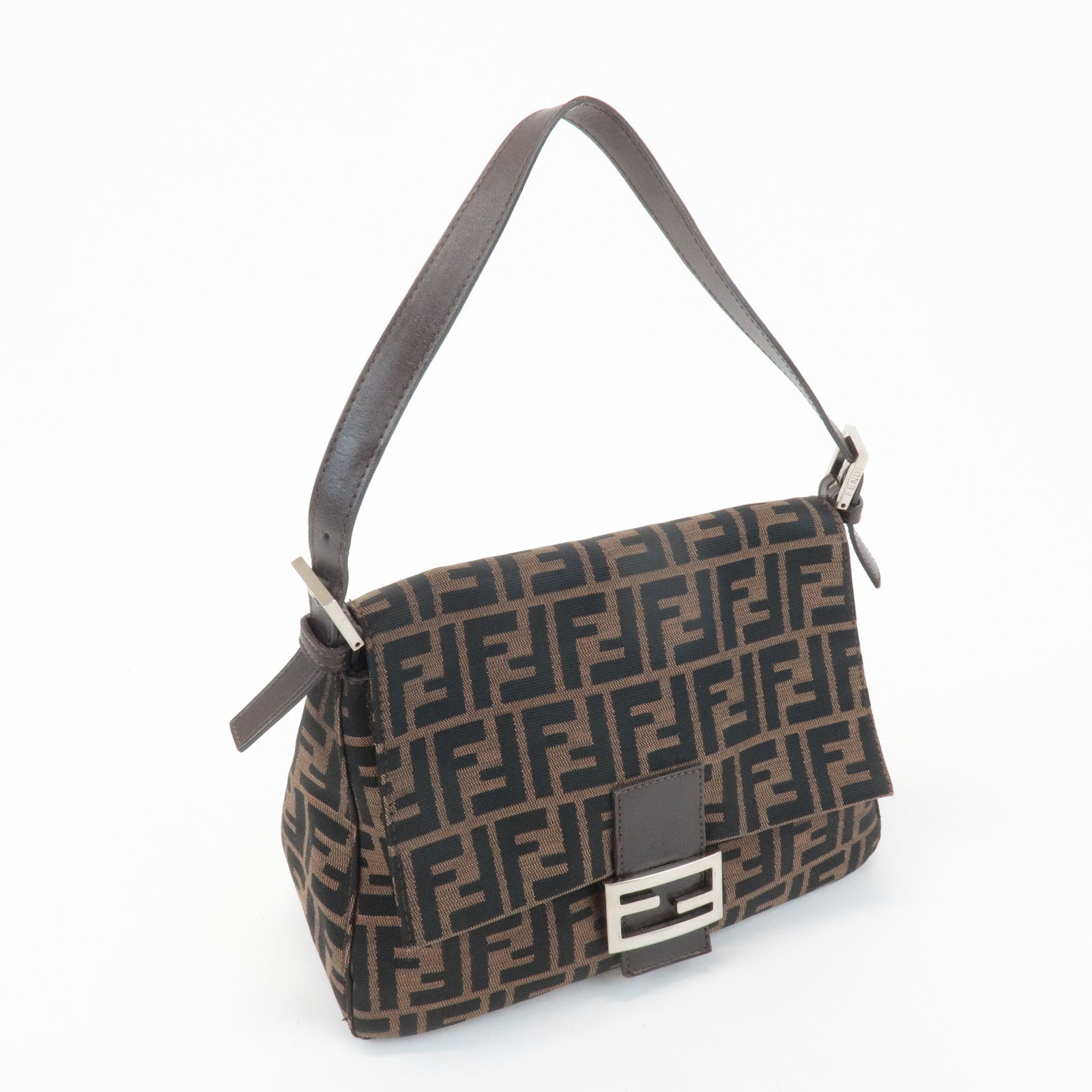 FENDI Mamma Baguette Canvas Leather Shoulder Bag Silver HDW 26325