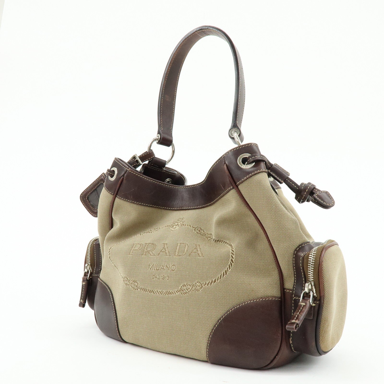 PRADA Logo Jacquard Canvas Embossed Leather Shoulder Bag BR3433