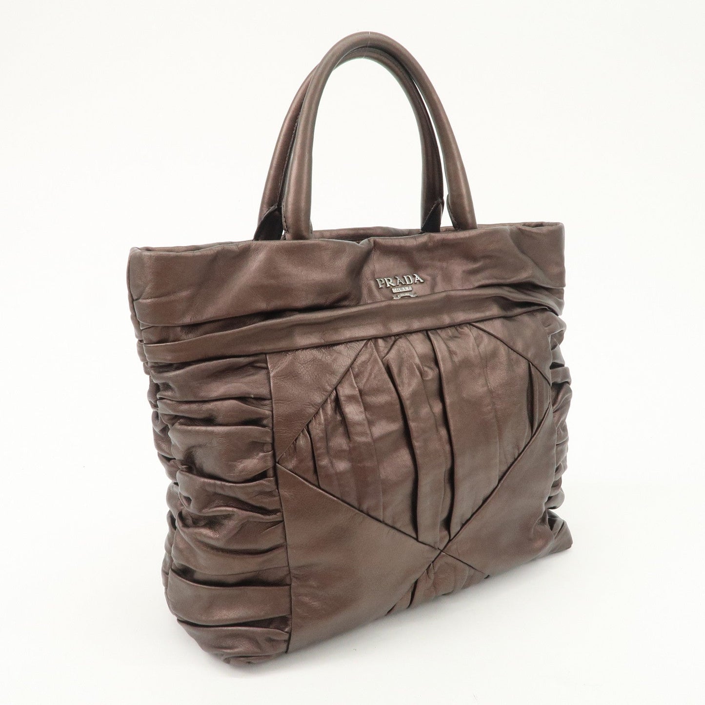 Prada Gathered Leather Tote Bag Hand Bag Bronze Silver HDW BN1719