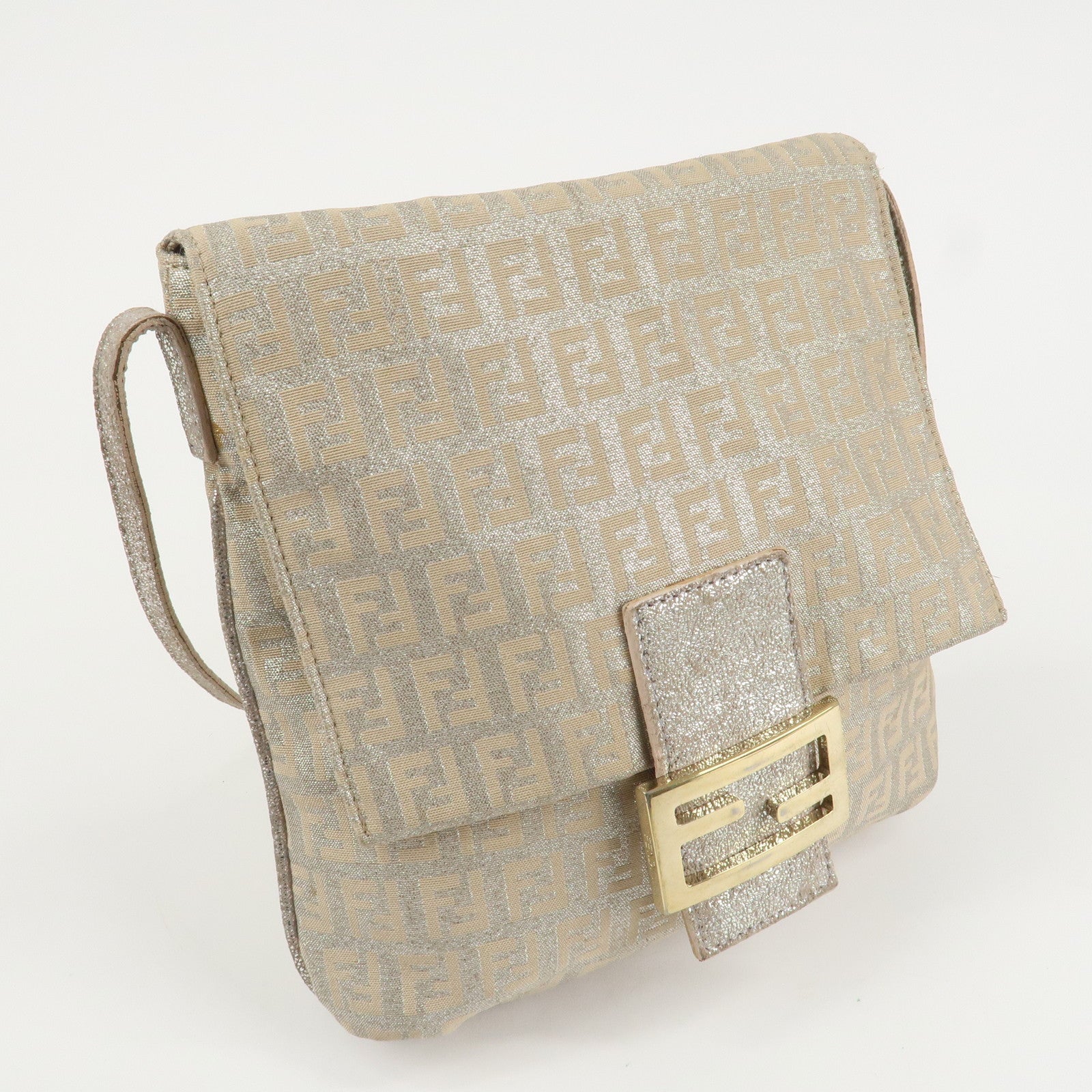 FENDI Zucchino Canvas Leather Shoulder Bag Silver Beige 8BT075