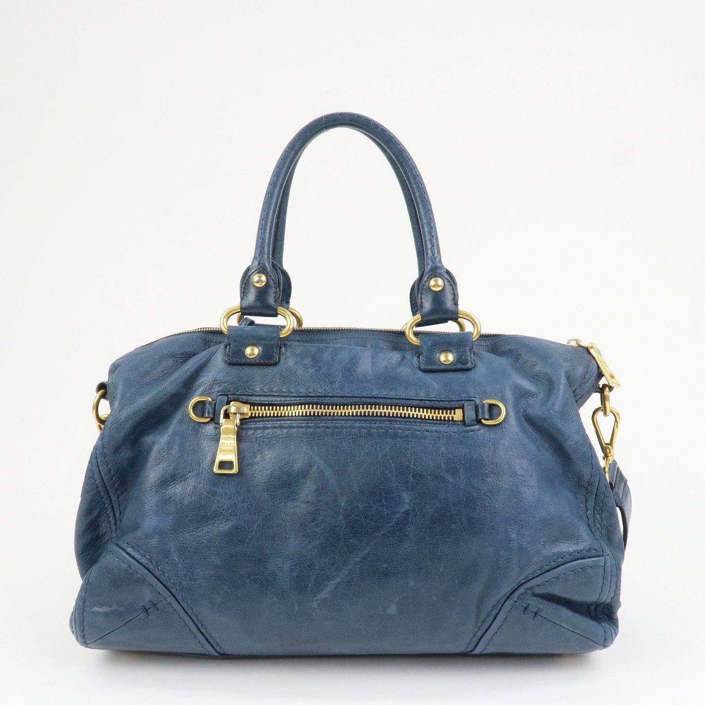 PRADA Logo Leather 2Way Bag Shoulder Bag Hand Bag Blue BL0678