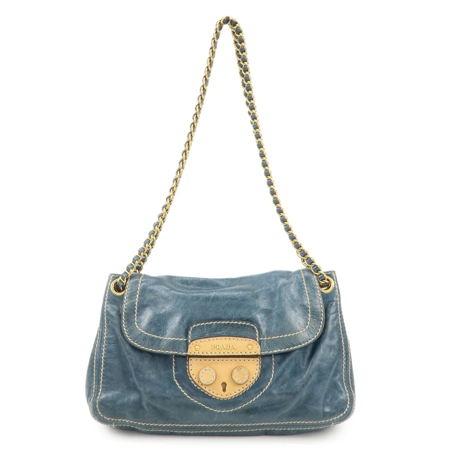 PRADA Leather Chain Shoulder Bag Blue Gold Hardware BR4659