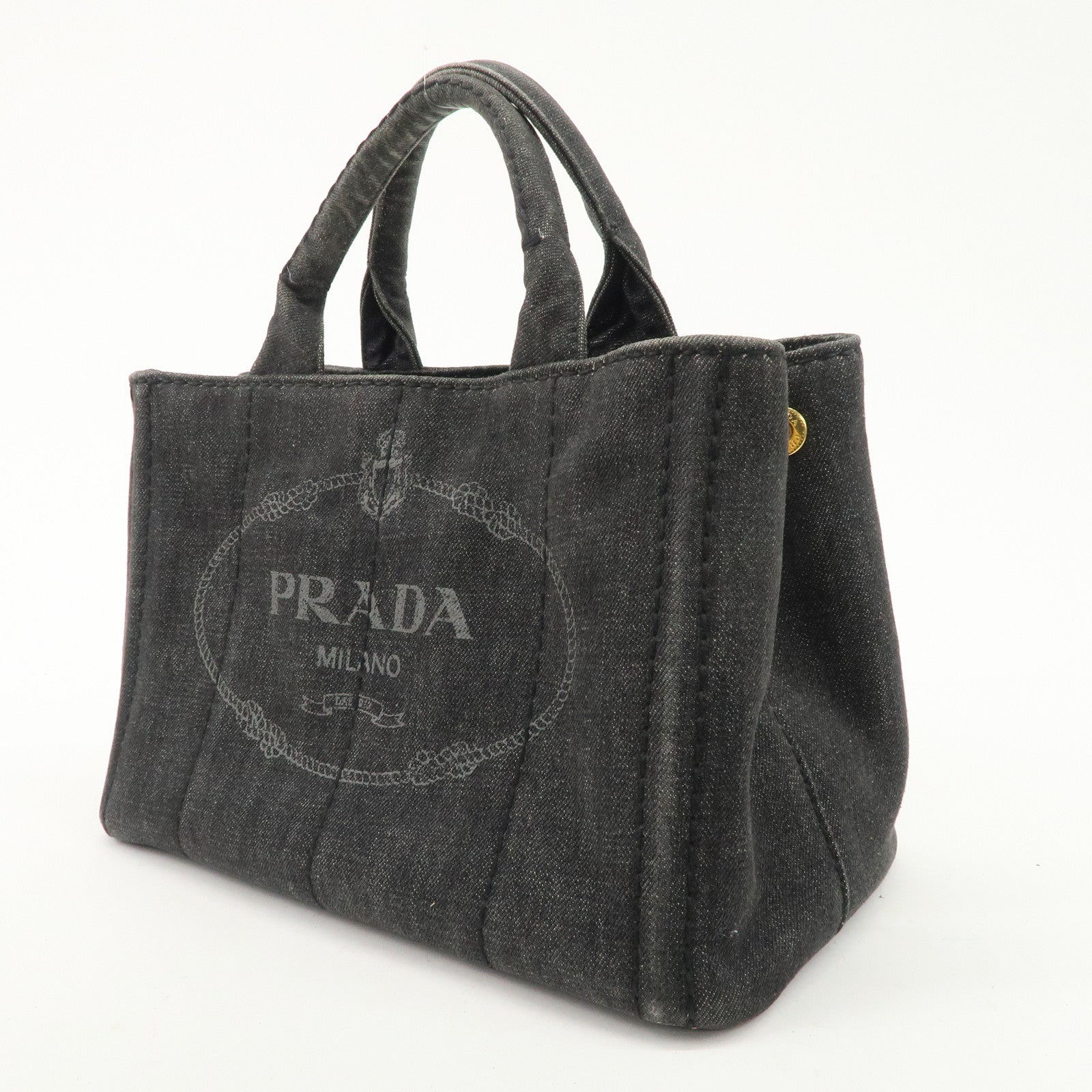 PRADA Logo Canapa Mini Denim 2Way Tote Bag Gray Gold HDW 1BG439