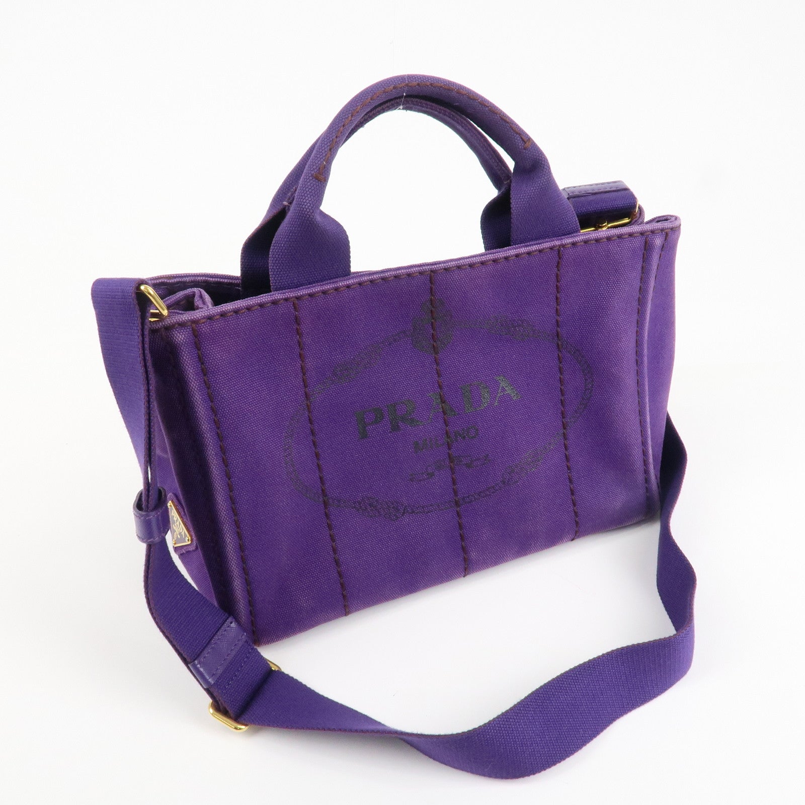 PRADA Logo Canapa Mini Canvas 2Way Tote Shoulder Bag Purple BN2439