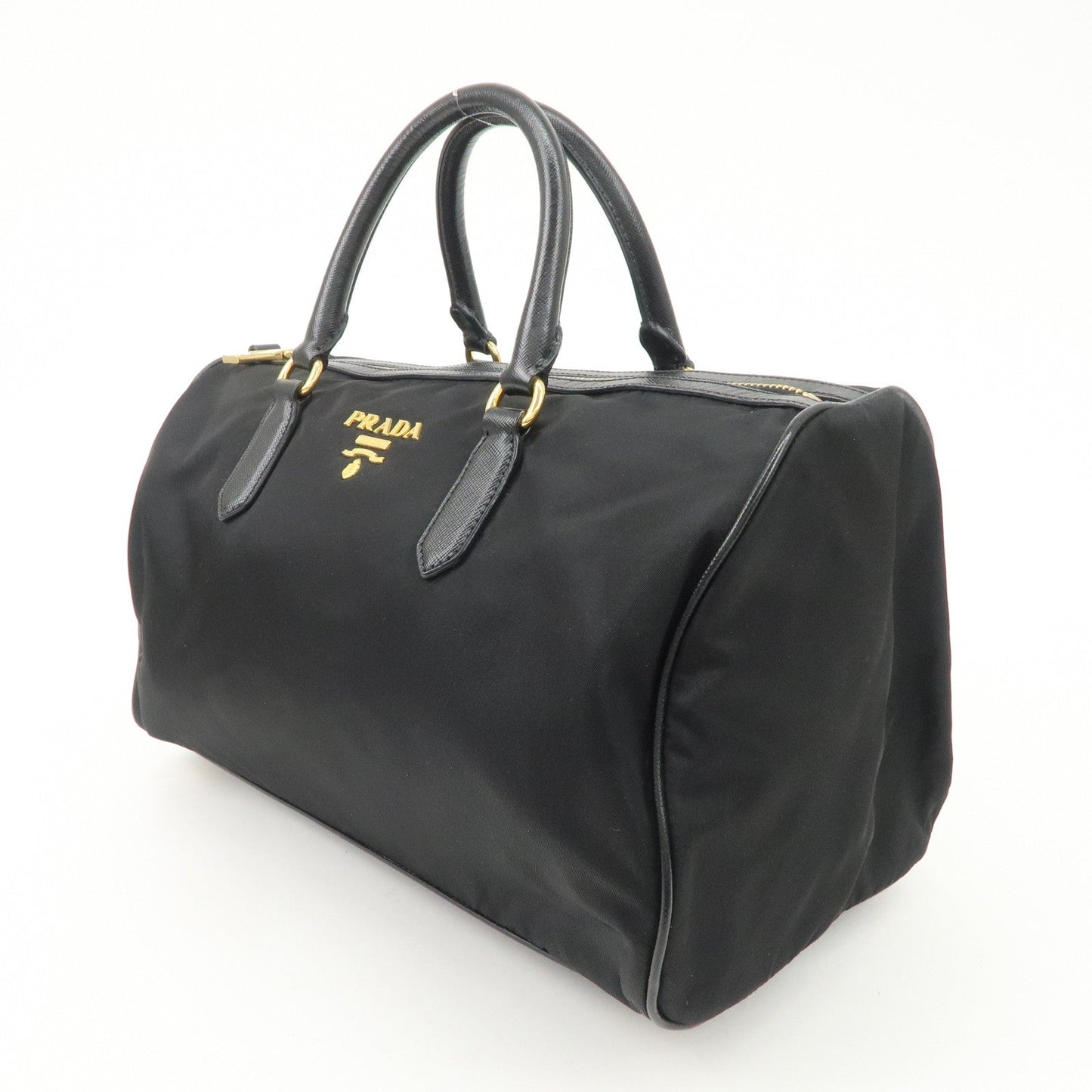 PPRADA Logo Nylon Leather Boston Bag Hand Bag Black Gold HDW