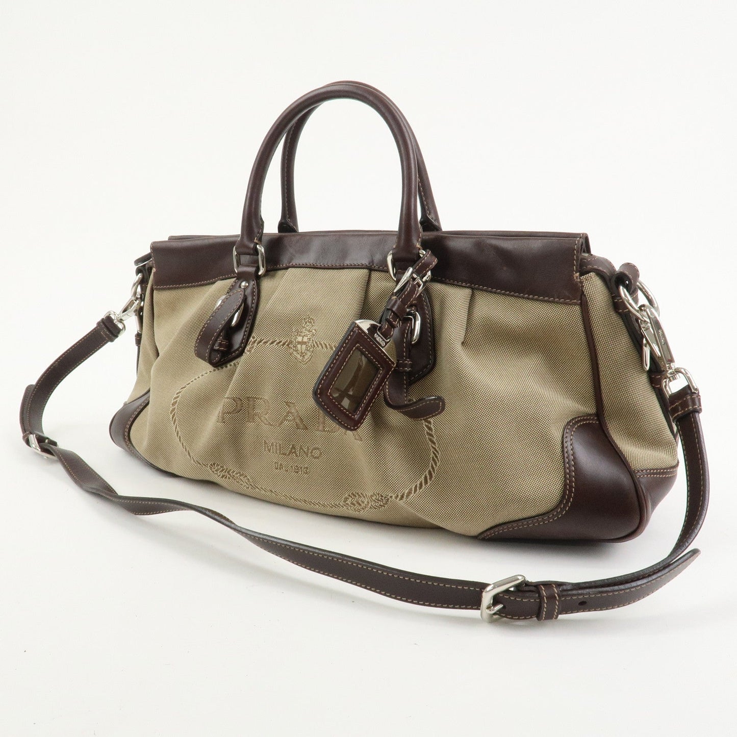 PRADA Logo Canvas Leather 2Way Bag Shoulder Bag Hand Bag Brown