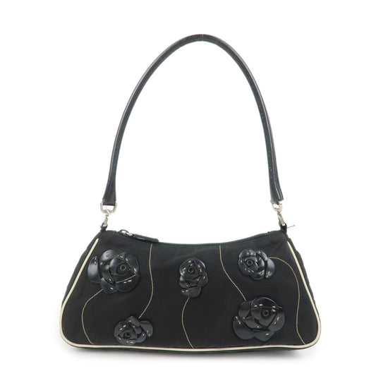 PRADA Nylon Leather Shoulder Bag Hand Bag Flower Motif Black