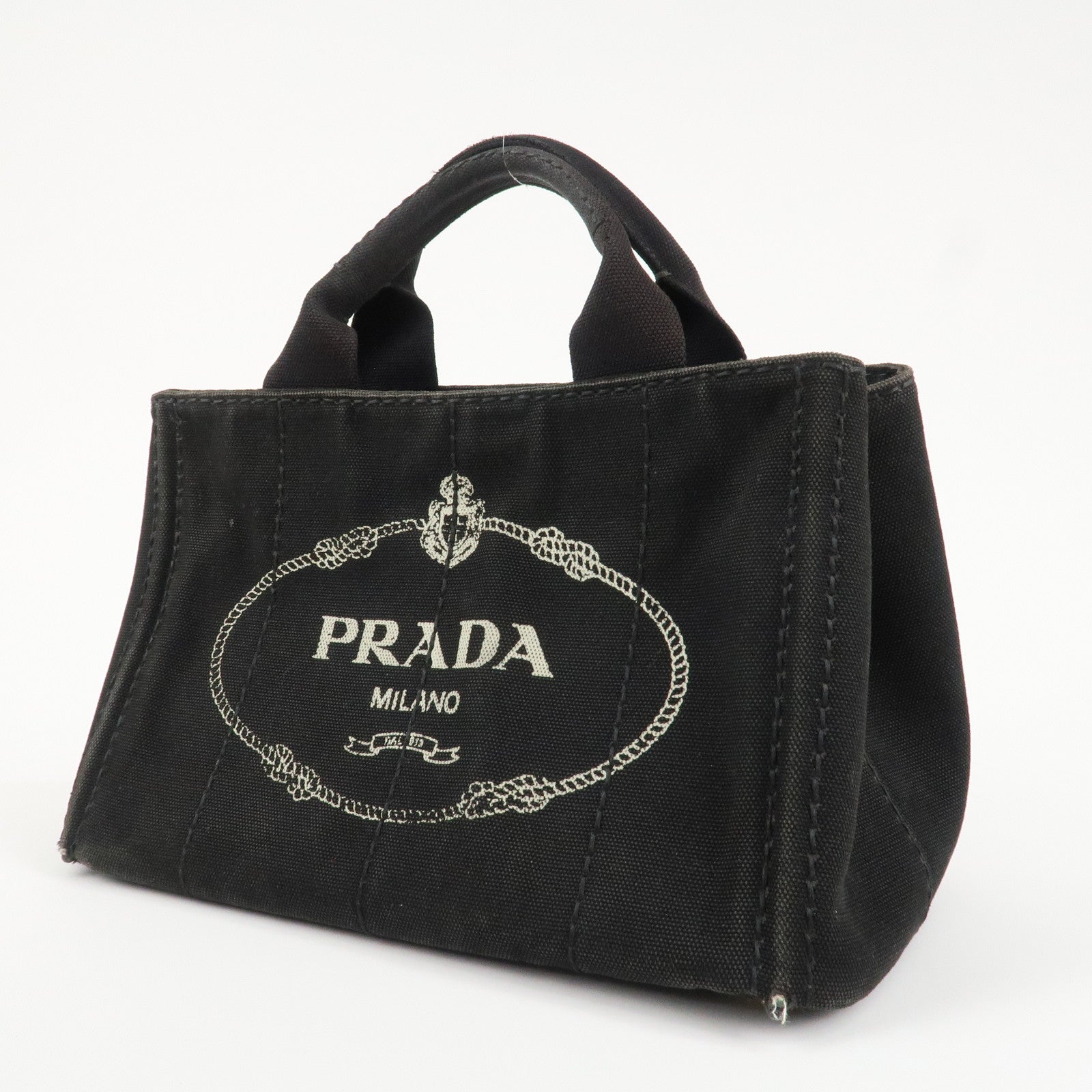 PRADA Logo Canapa Mini Canvas Tote Bag Hand Bag Black BN2439