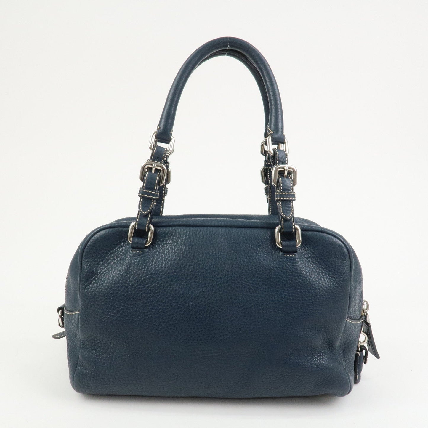 PRADA Logo Leather Boston Bag Hand Bag Navy BR3091