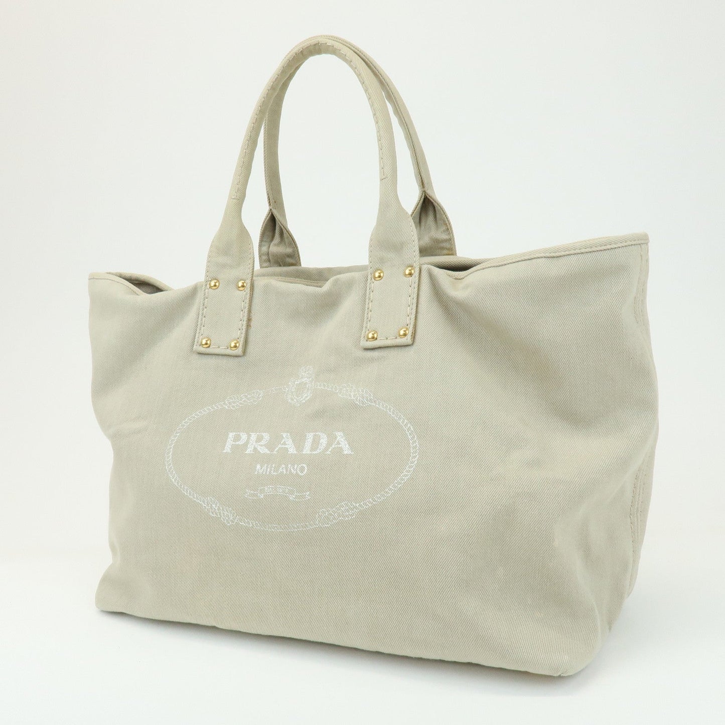 PRADA Triangle Logo Denim Tote Bag Shoulder Bag Light Beige BN2091