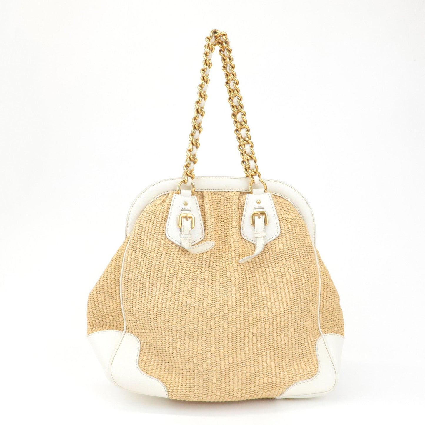 PRADA Triangle Leather Raffia Shoulder Bag Straw Bag Beige BR3693