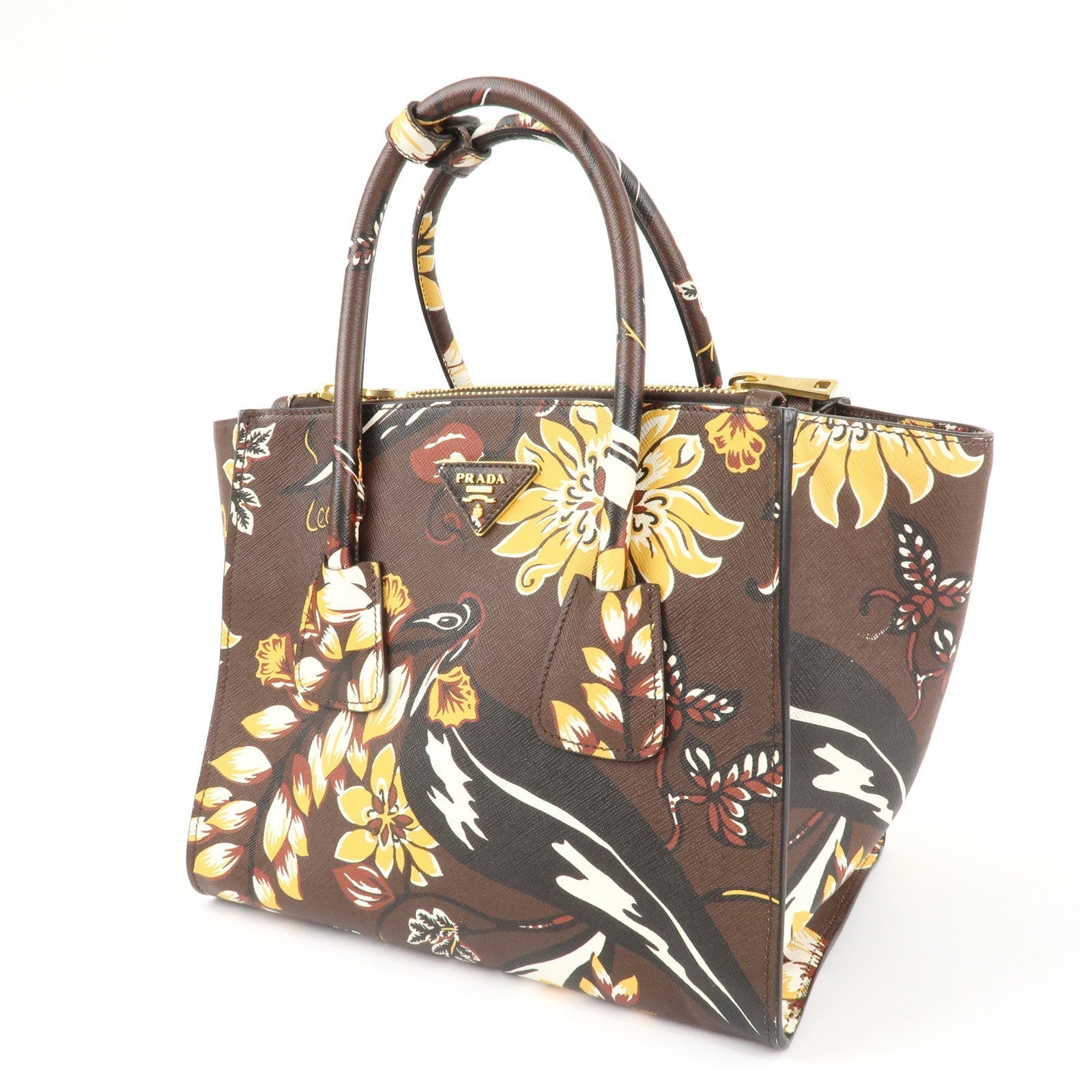 PRADA Triangle Logo Saffiano Leather 2Way Bag Hand Bag Shoulder Bag Brown Yellow B2625P