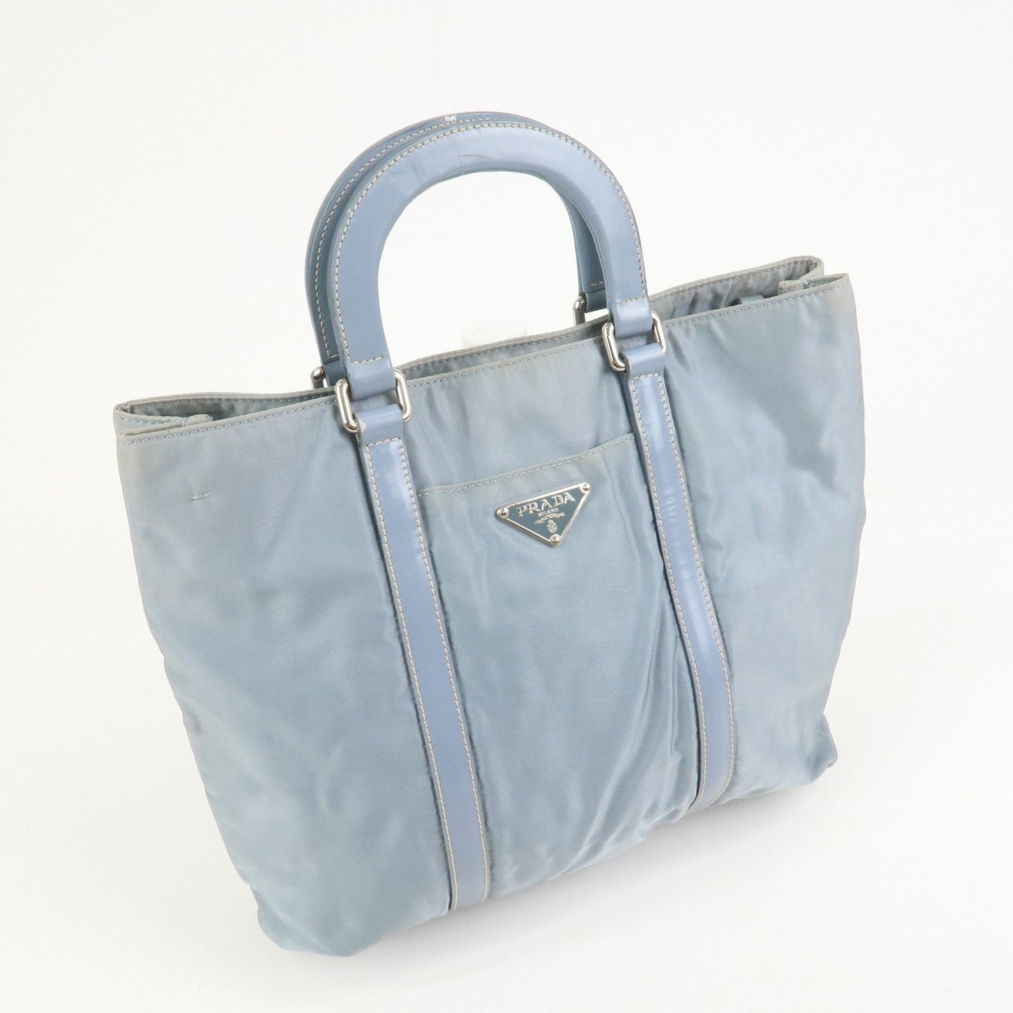 PRADA Triangle Logo Nylon Leather Hand Bag Light Blue