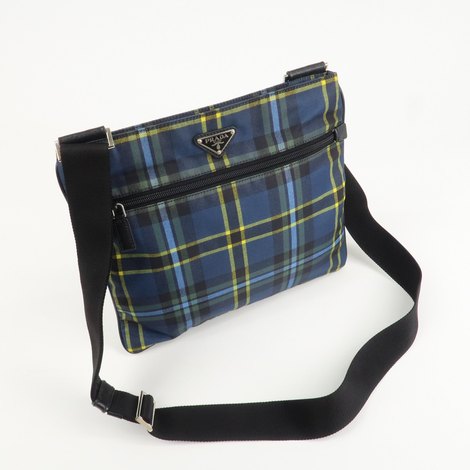 PRADA Triangle Logo Nylon Plaid Shoulder Bag Navy Multicolor VA053M