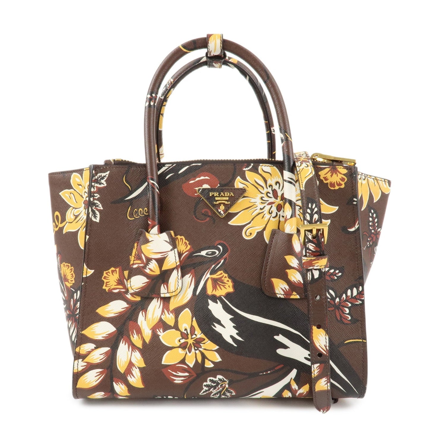 PRADA Triangle Logo Saffiano Leather 2Way Bag Hand Bag Shoulder Bag Brown Yellow B2625P