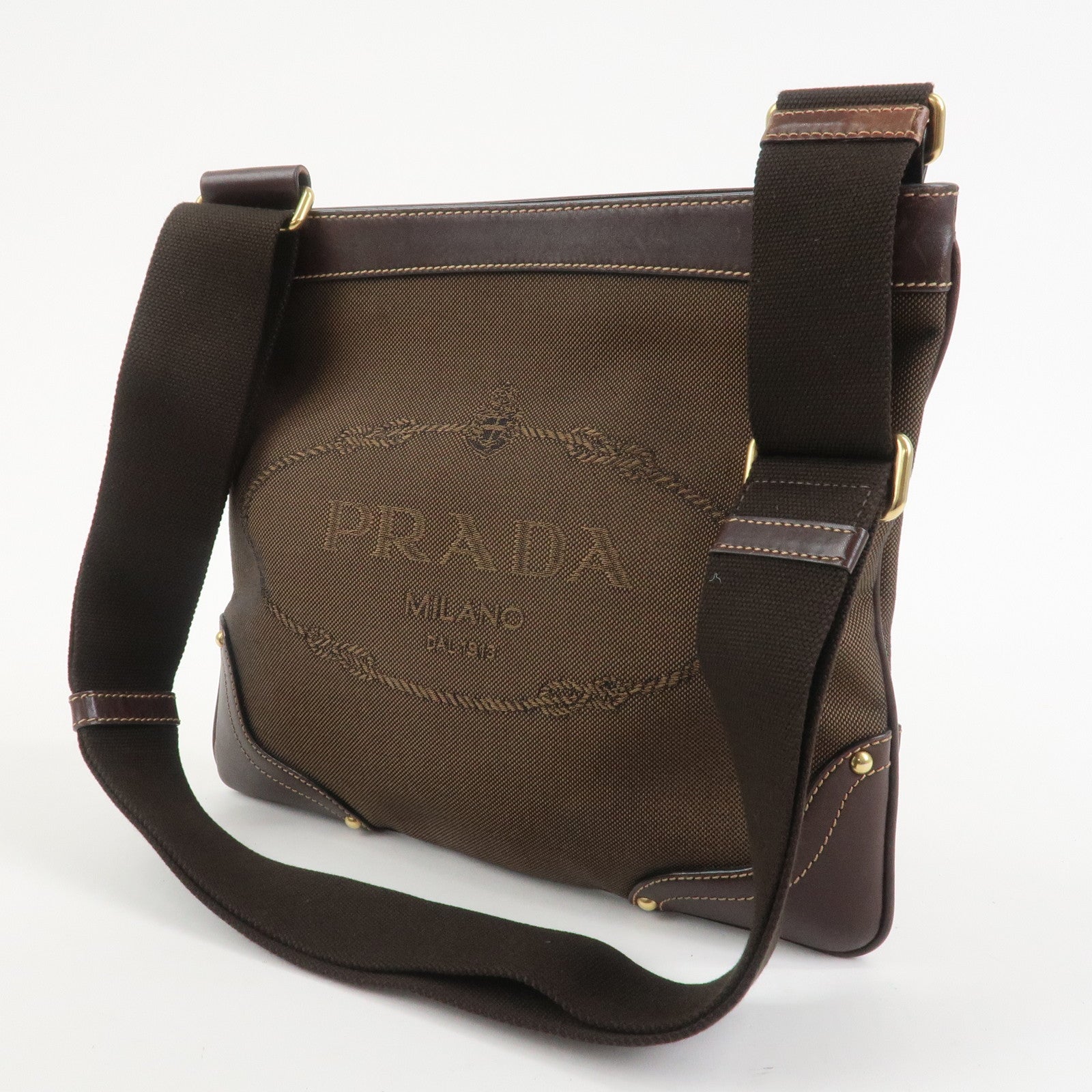 PRADA Logo Jacquard Leather Shoulder Bag Brown BT0537