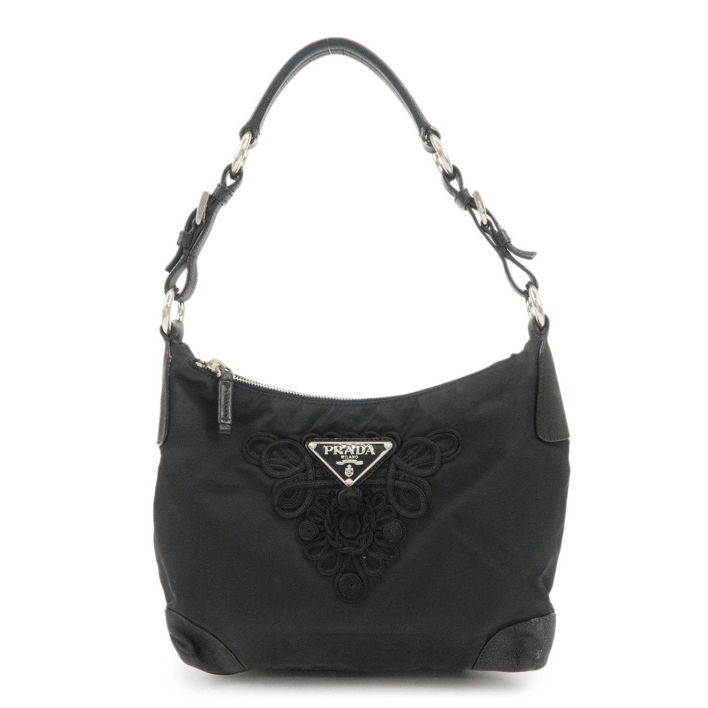 PRADA Triangle Logo Leather Nylon Shoulder Bag Hand Bag Black