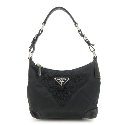 PRADA Triangle Logo Leather Nylon Shoulder Bag Hand Bag Black