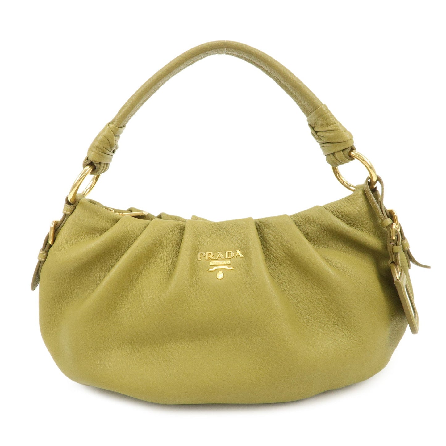 PRADA Logo Leather Shoulder Bag Hand Bag Khaki Gold HDW BR4070