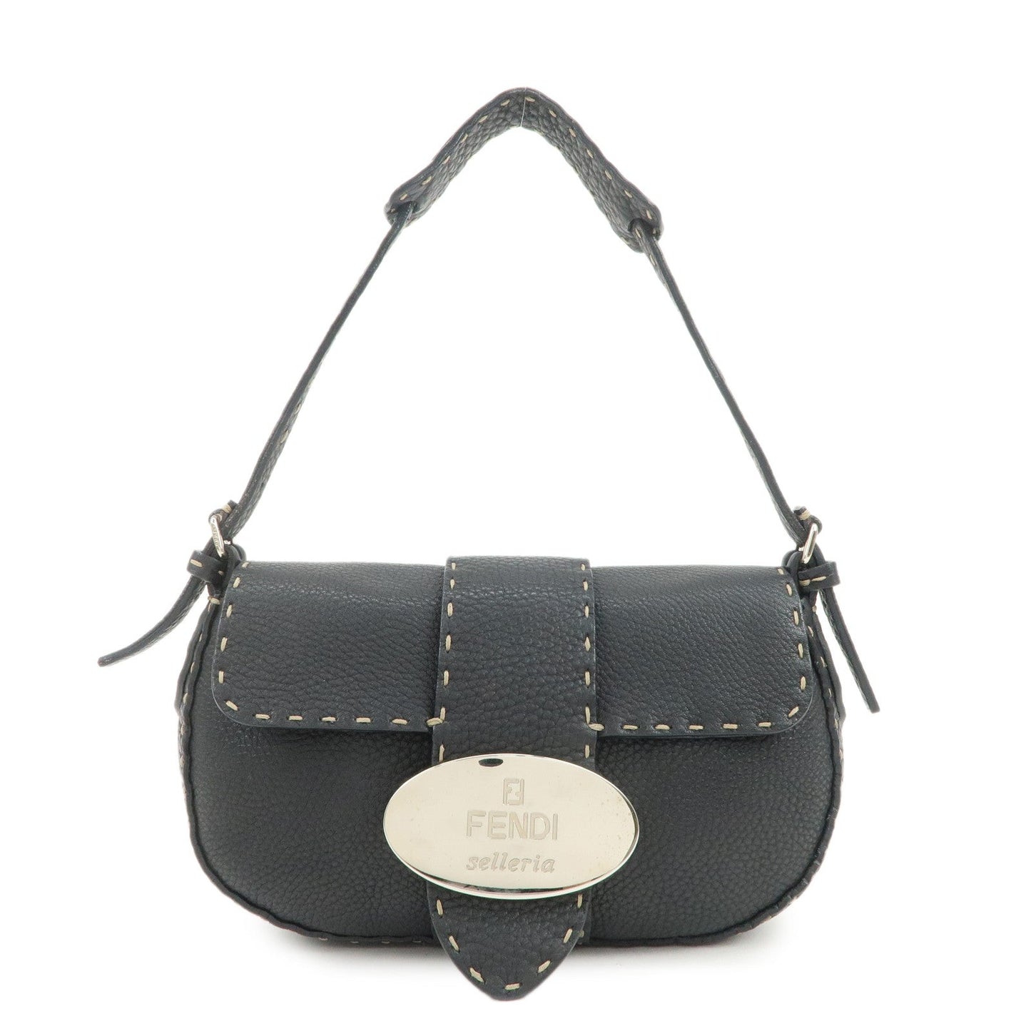 FENDI Seleria Leather Hand Bag Shoulder Bag Black 8BR430