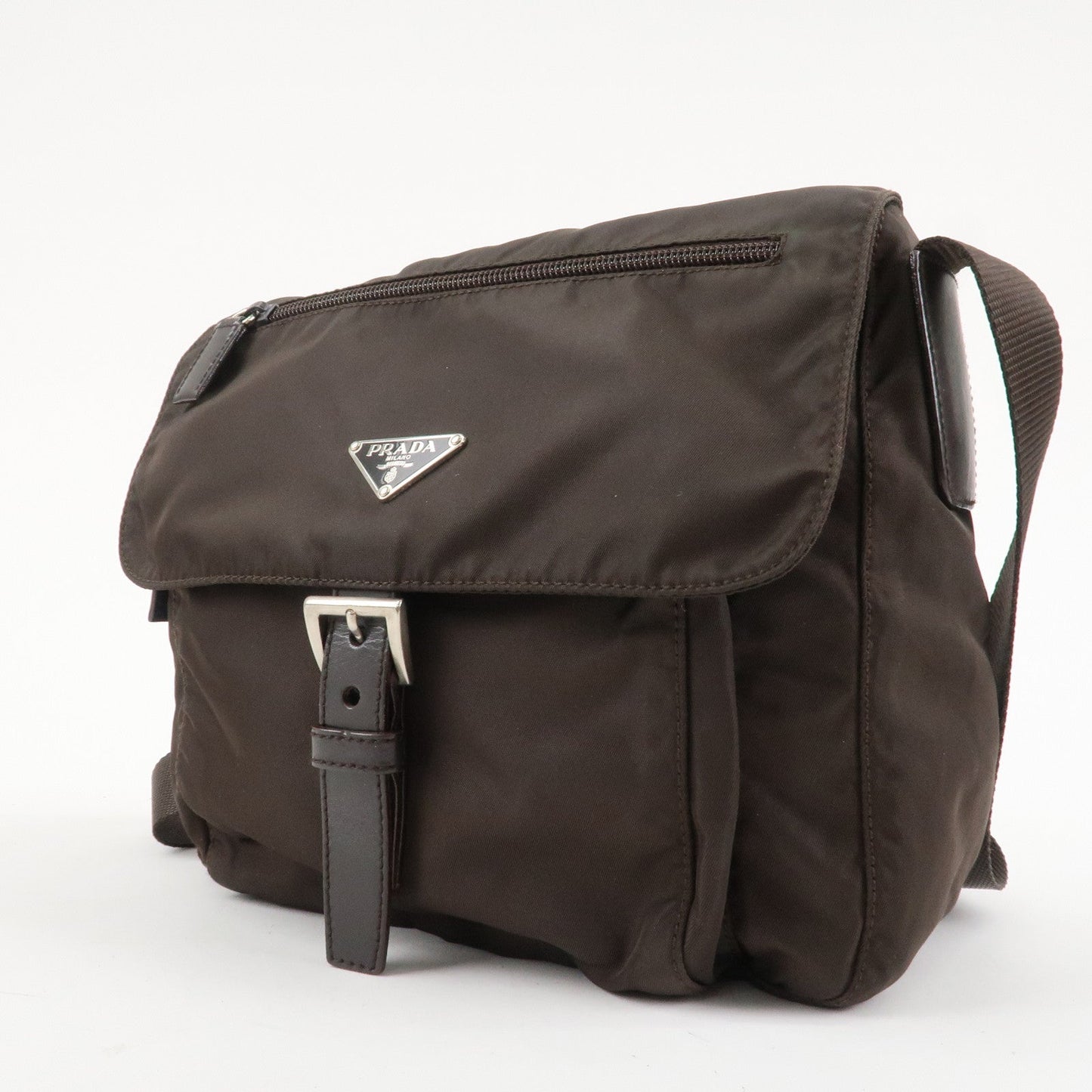 PRADA Triangle Logo Nylon Leather Shoulder Bag Crossbody Bag Brown
