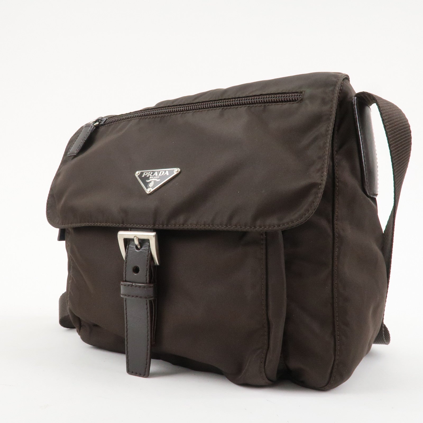 PRADA Triangle Logo Nylon Leather Shoulder Bag Crossbody Bag Brown