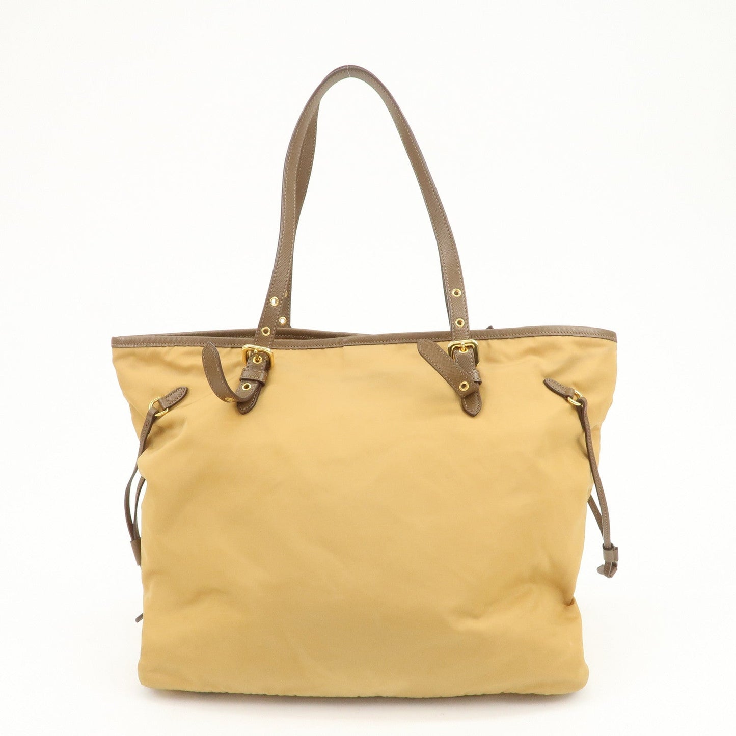 PRADA Logo Nylon Saffiano Leather Tote Bag Shoulder Bag Light Brown