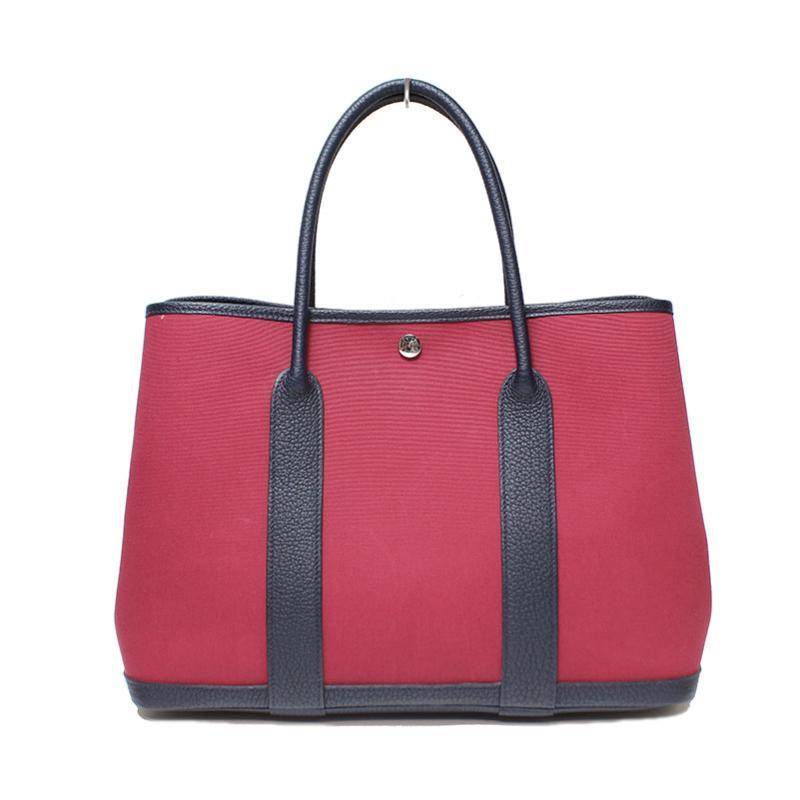 Luxury Hermes Rouge Moyen Garden Party Leather PM Toile Tote ( )