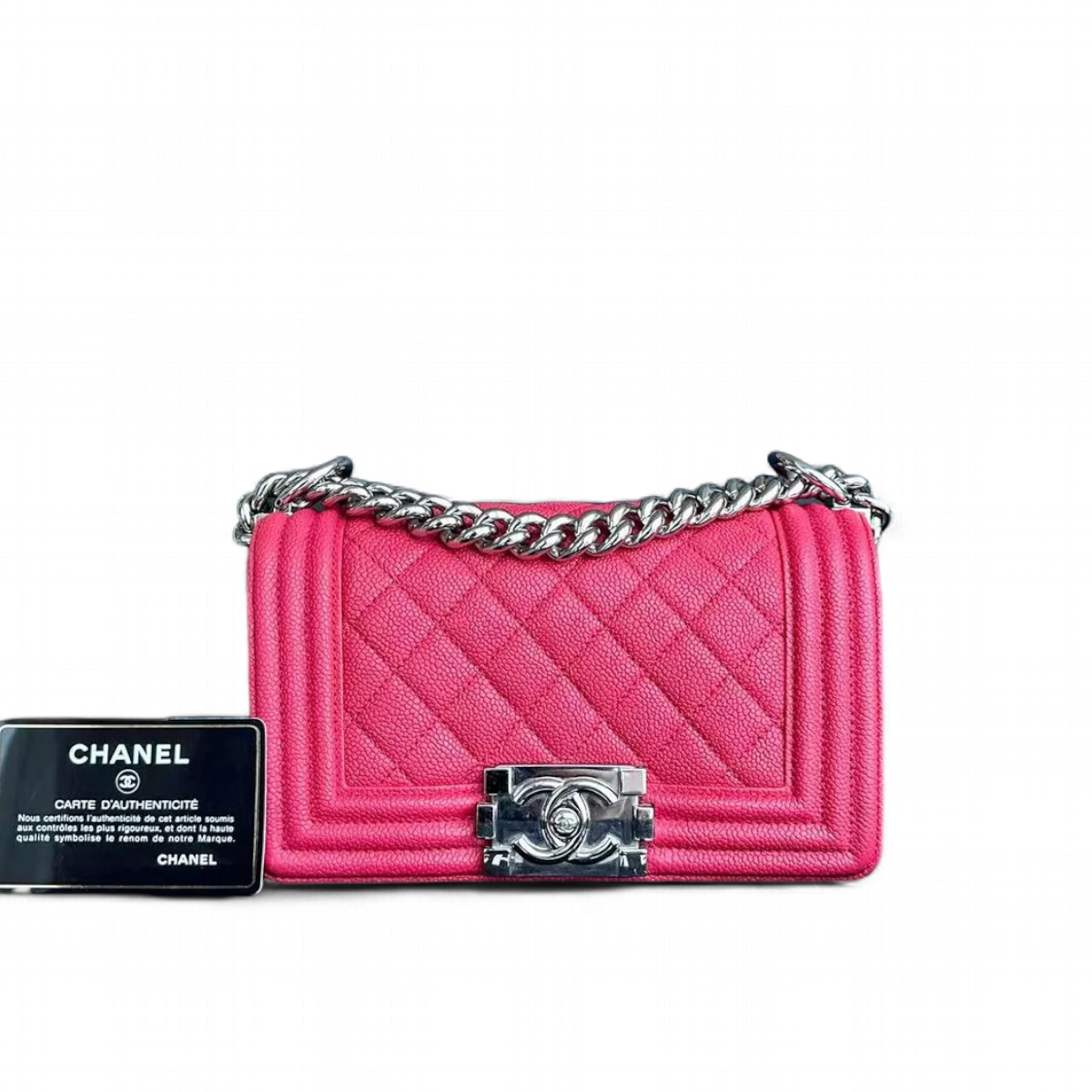 Chanel Boy Small Hot Pink Quilted Caviar Grained Calfskin with Silver Hardware Series 25
