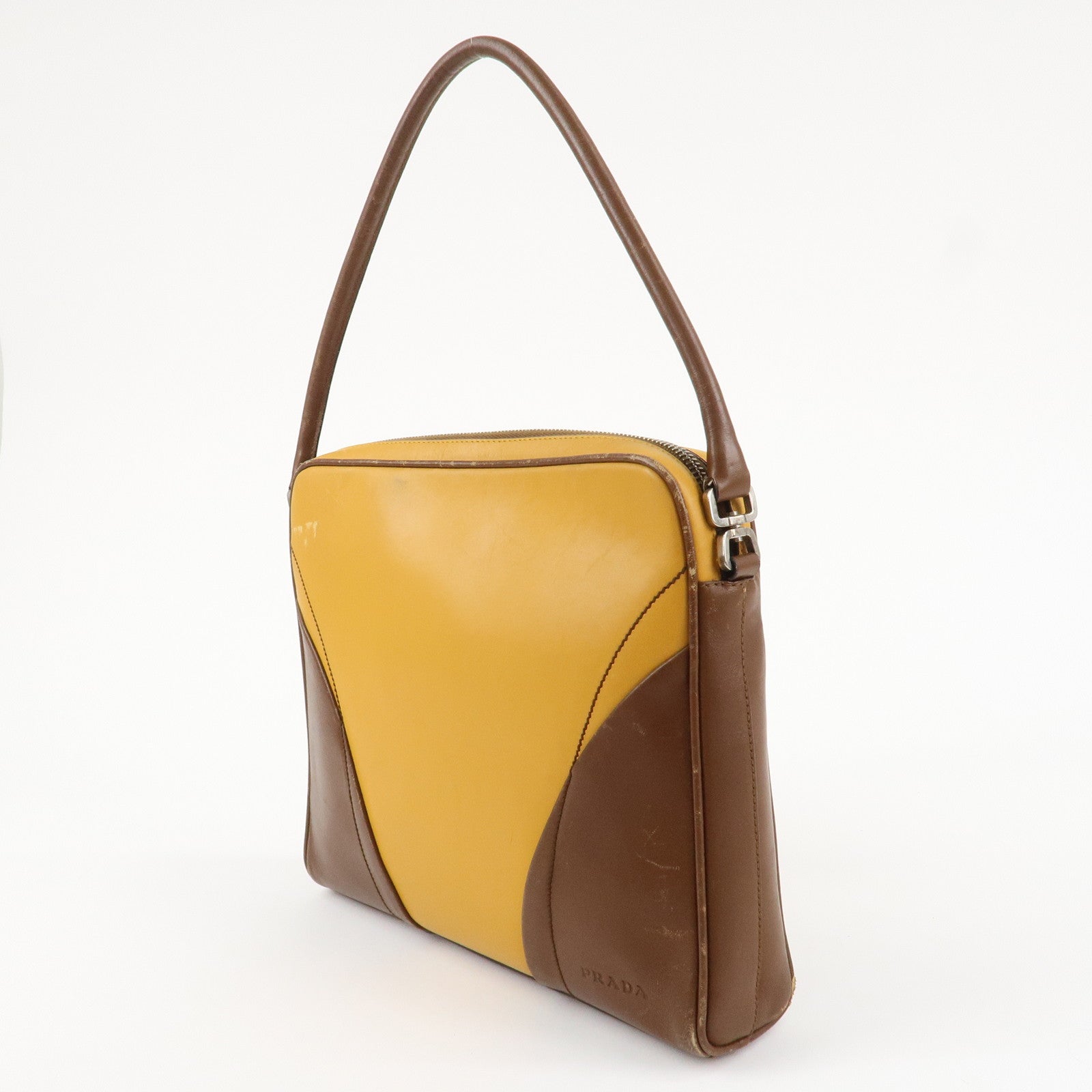 PRADA Leather Shoulder Bag Hand Bag Bi-color Mustard Brown