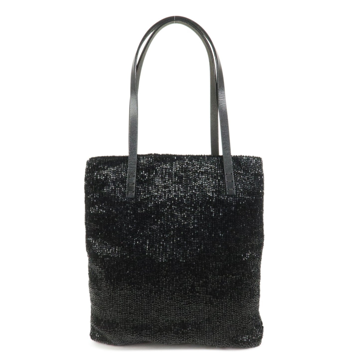 FENDI Logo Beads Leather Hand Bag Tote Bag Black
