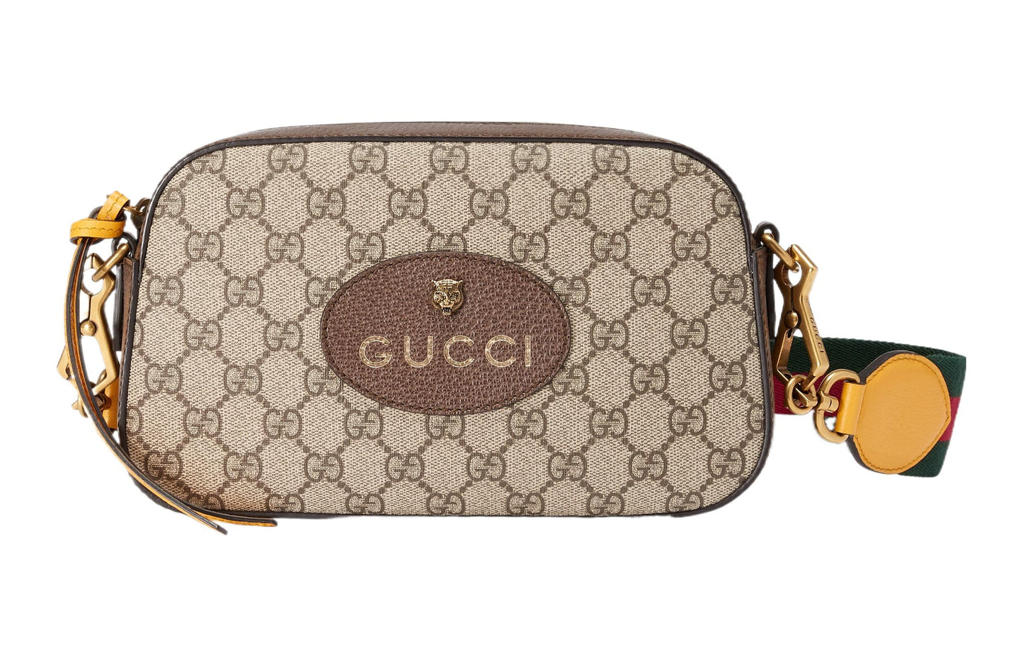 GUCCI Neo Metallic Tiger Head Logo Stripe Webbing Shoulder Messenger Bag Unisex / / Brown / Yellow 476466-K9GVT-8856