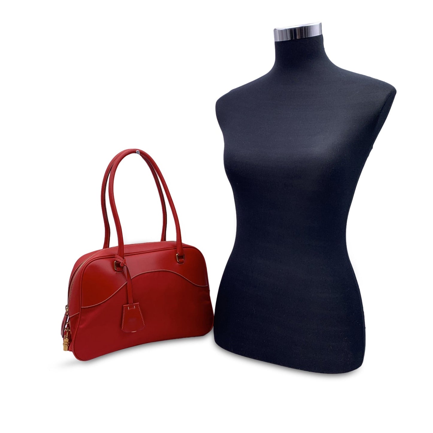 Prada Red Tessuto Travel Canvas And Leather Bowling Bag