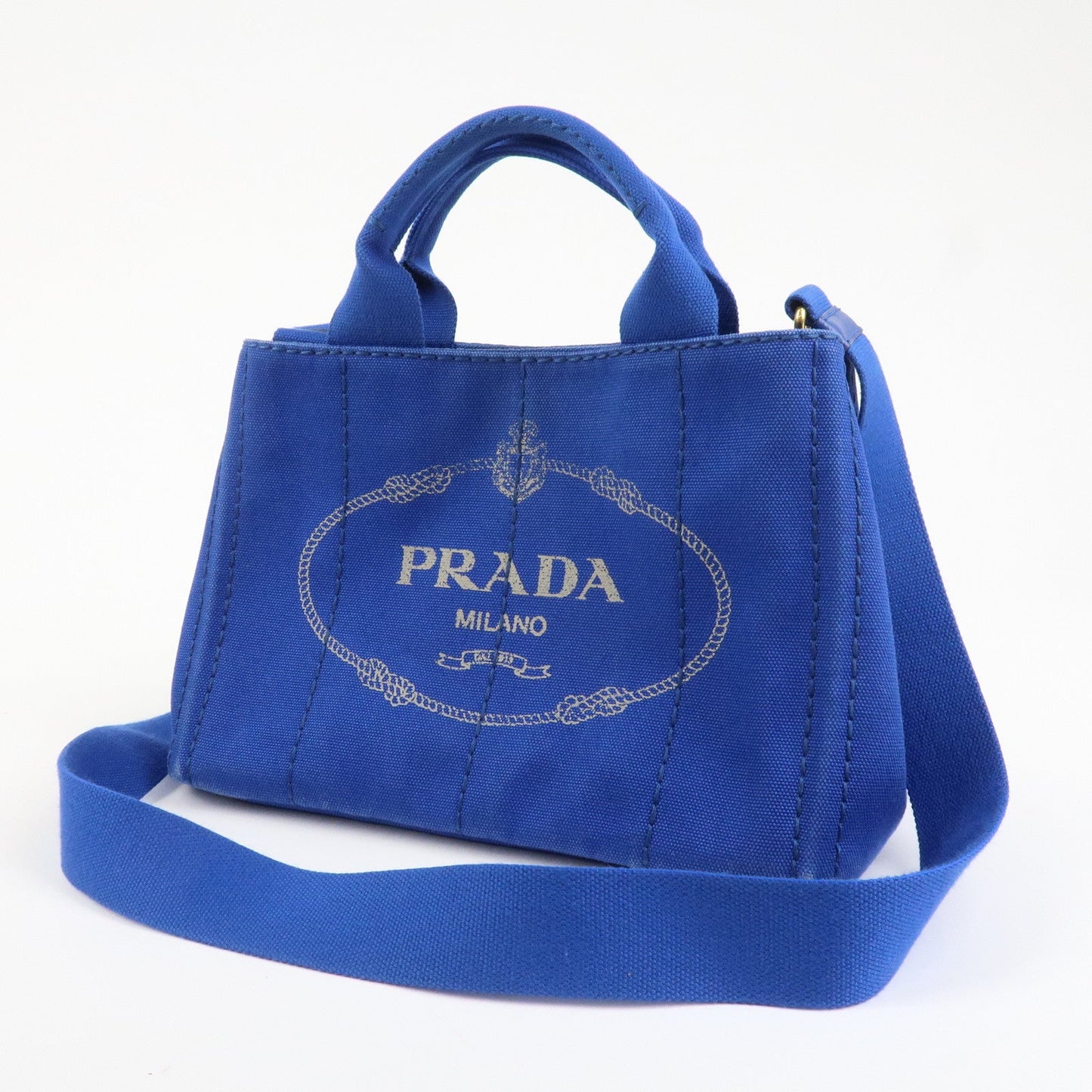 PRADA Logo Canapa Mini Canvas 2Way Tote Shoulder Bag Blue BN2439
