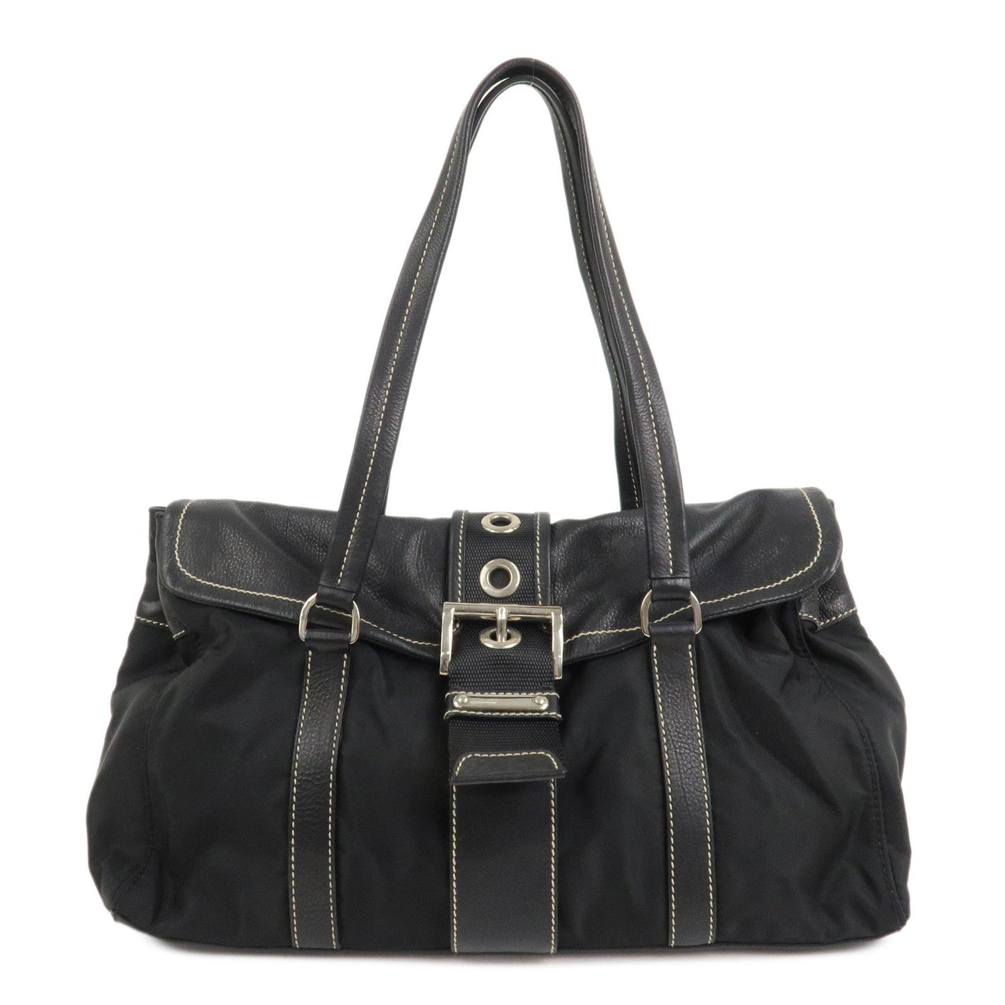 PRADA Triangle Logo Nylon Leather Shoulder Bag Black BR2418