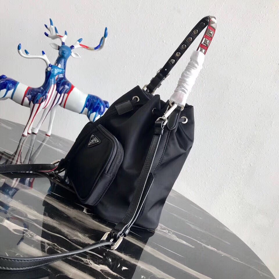Prada Bucket Shoulder Bag In Black Nylon