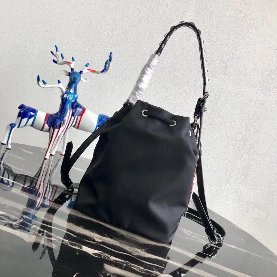 Prada Bucket Shoulder Bag In Black Nylon