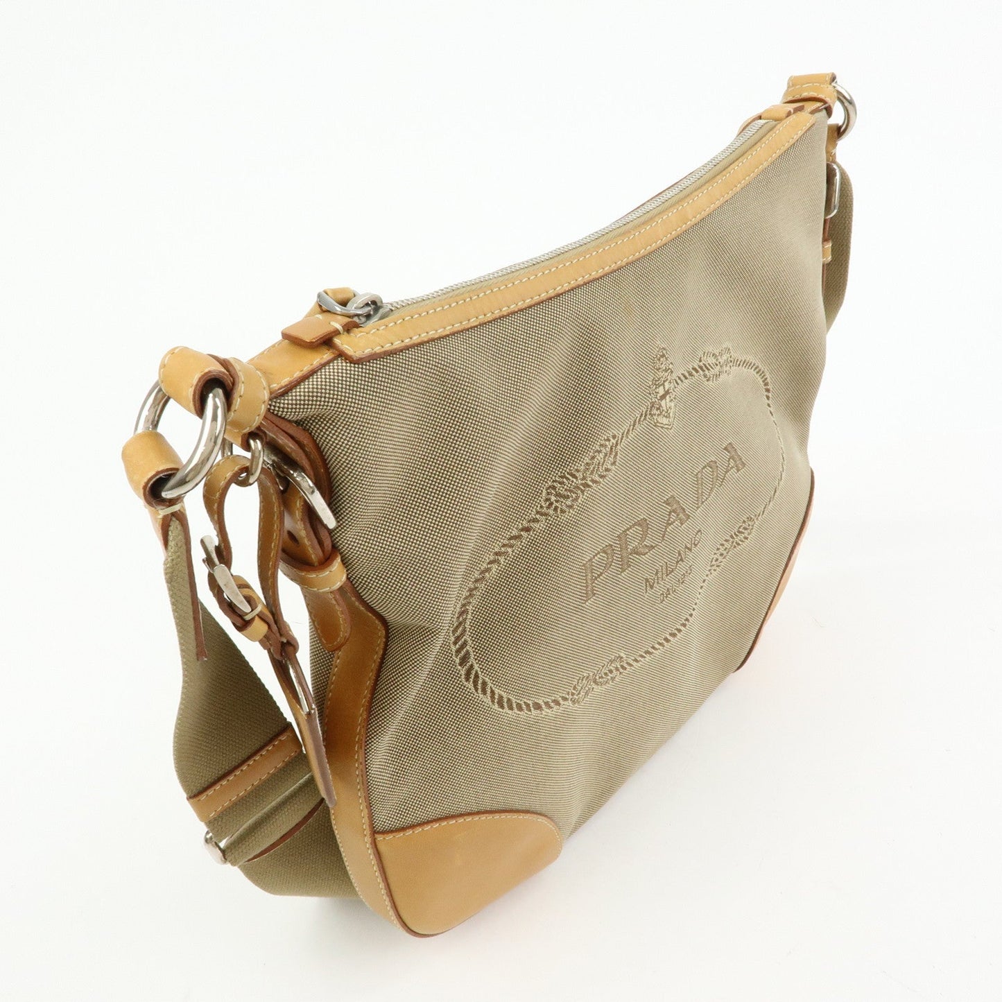 PRADA Logo Jacquard Leather Shoulder Bag Crossbody Bag Camel BT0533