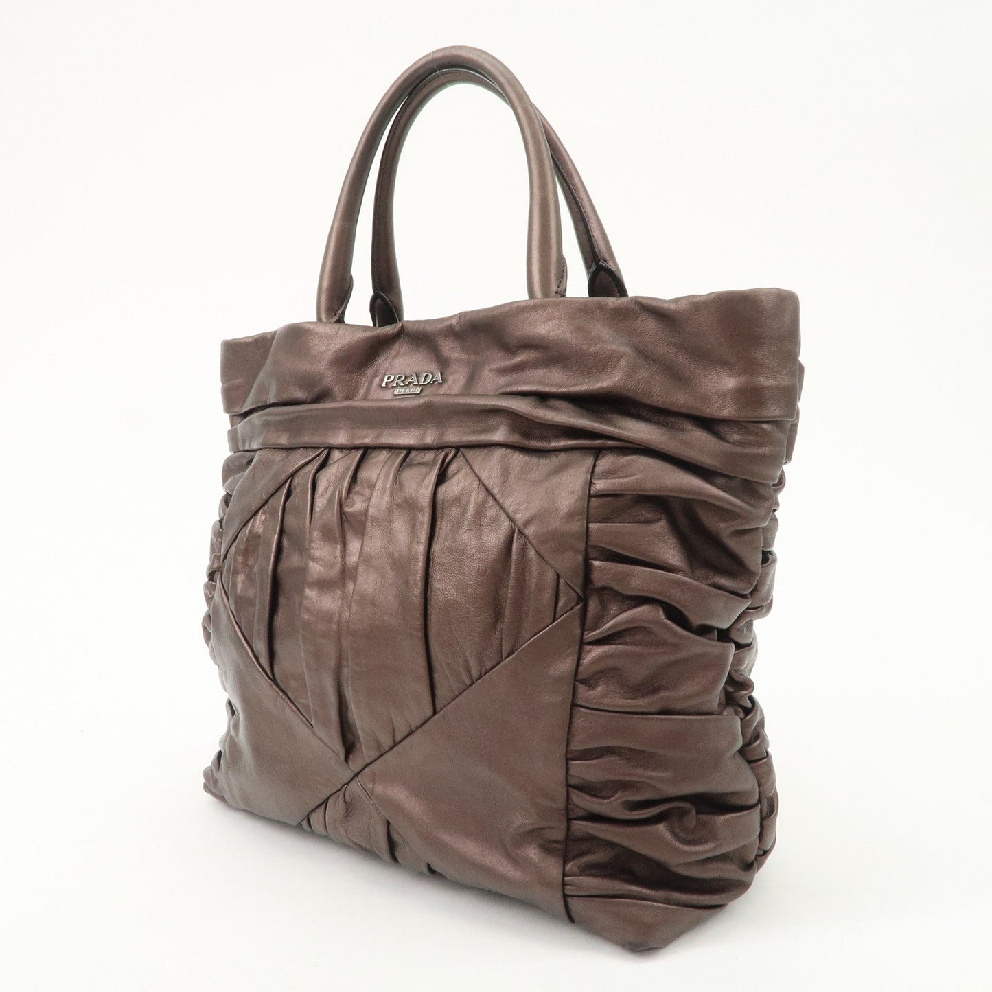 Prada Gathered Leather Tote Bag Hand Bag Bronze Silver HDW BN1719