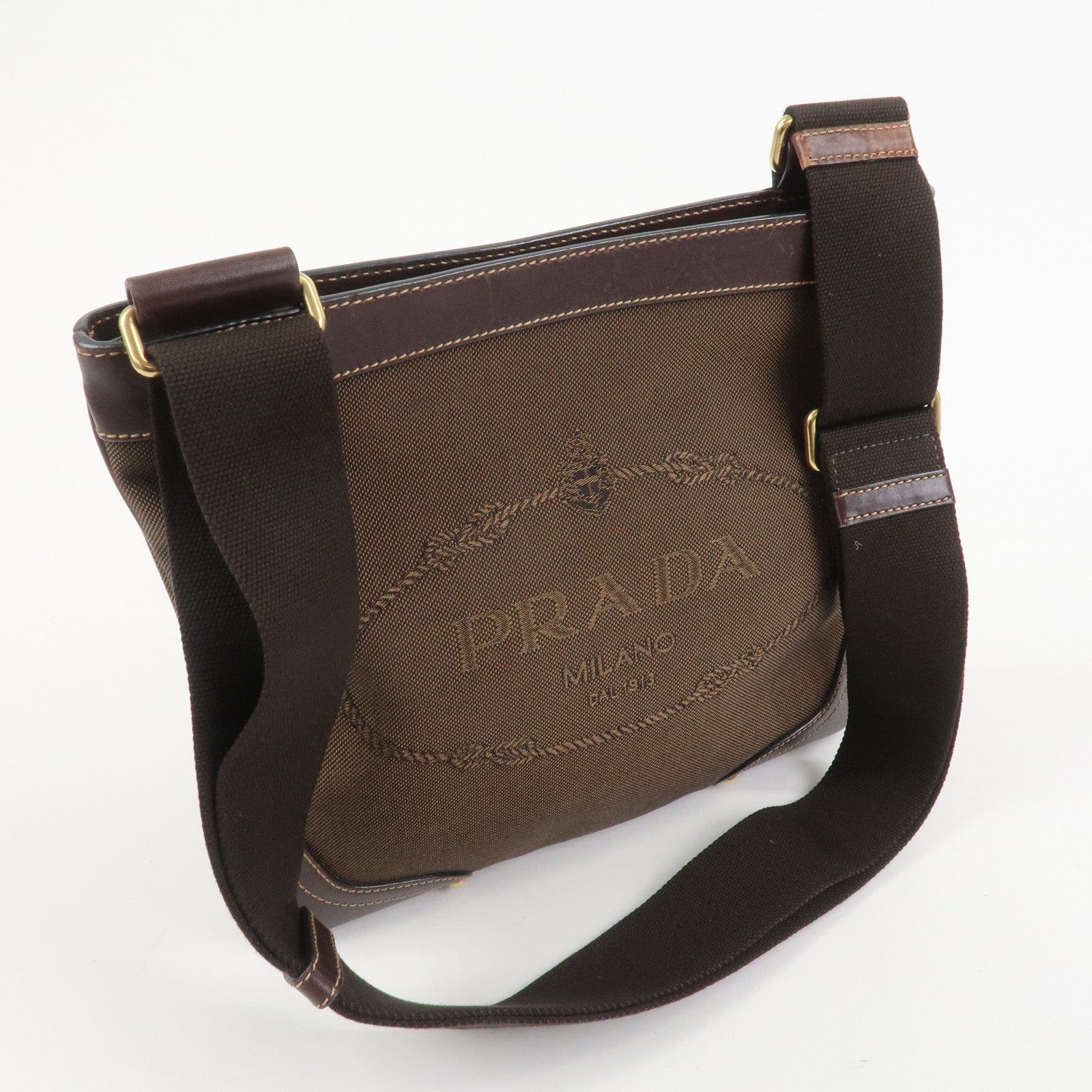 PRADA Logo Jacquard Leather Shoulder Bag Brown BT0537